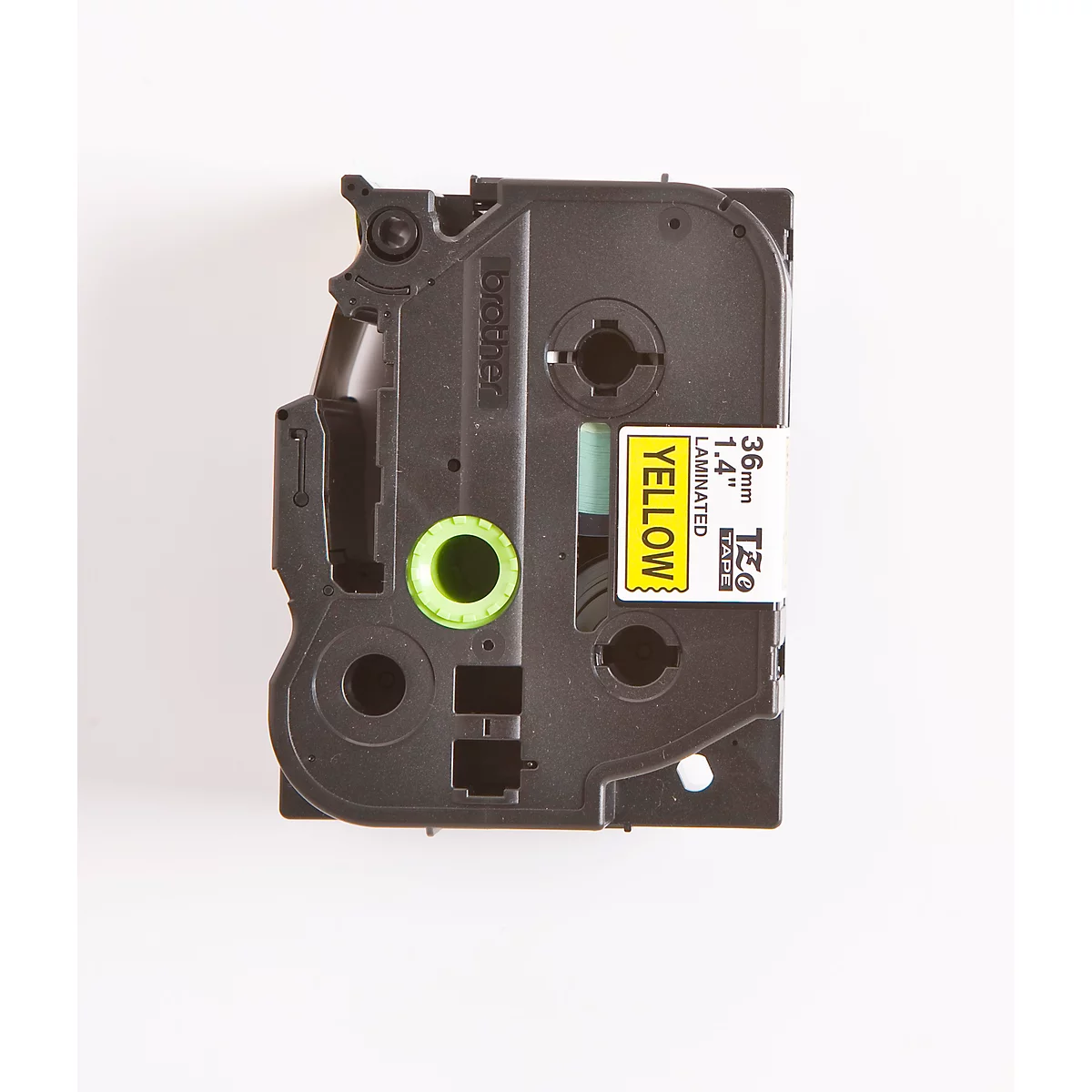 Black label cassette with yellow label. Inscription: YELLOW, 36mm, 1.4", LAMINATED.