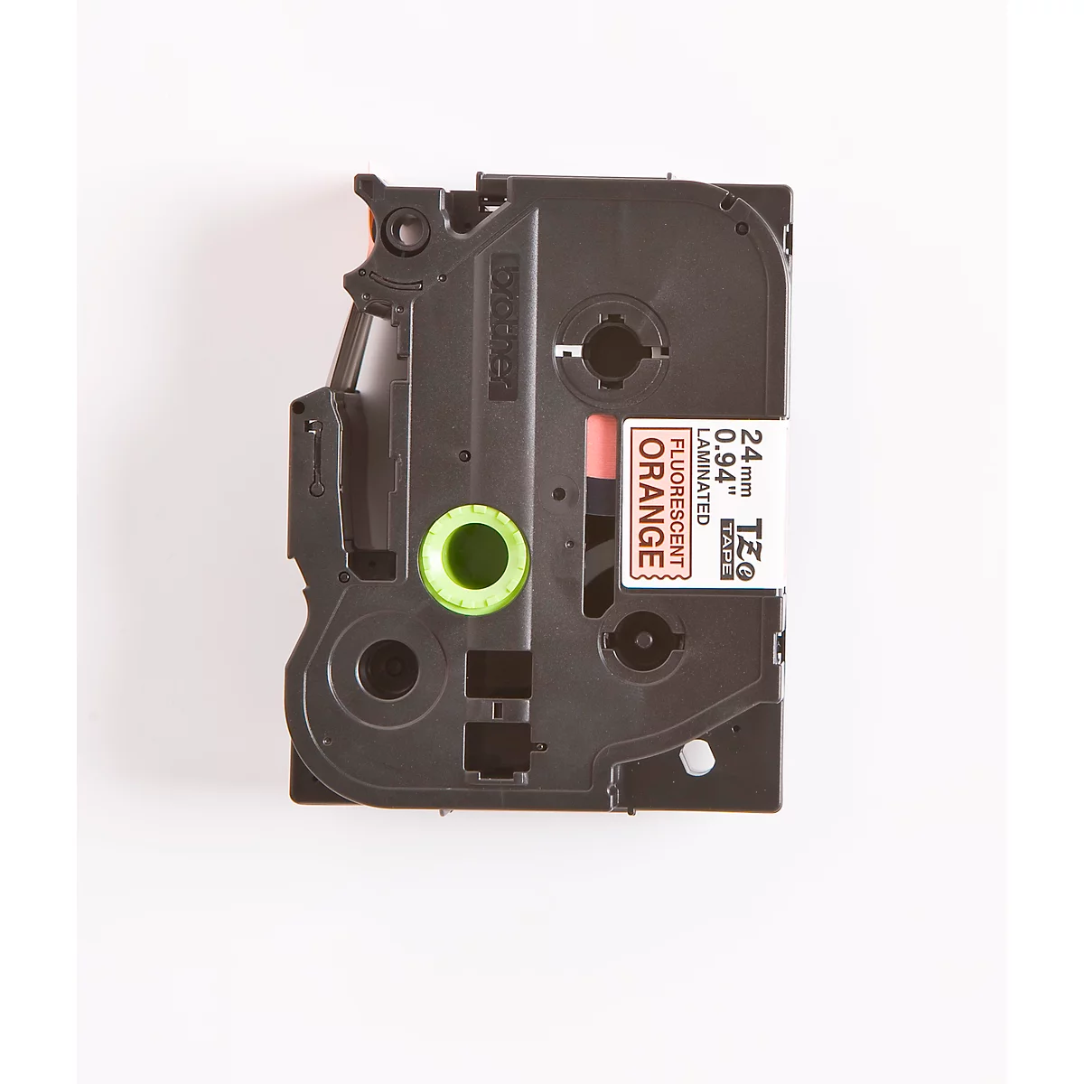 Dark gray label cartridge. A green hole, orange-white label: fluorescent orange, 24mm, laminated.