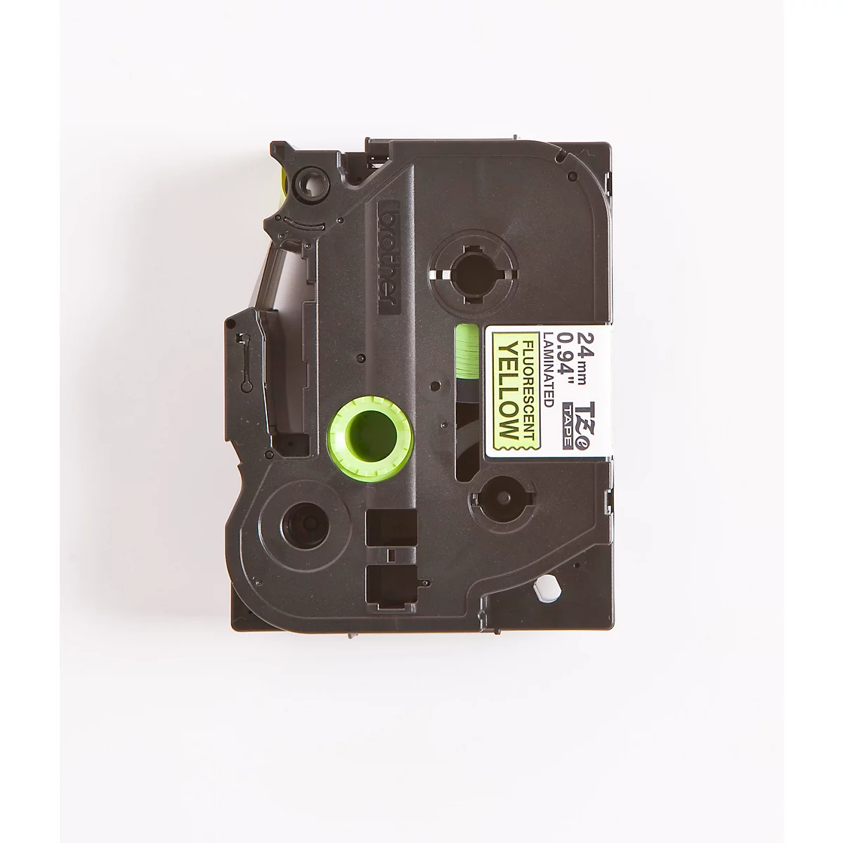 A black label tape, partially with yellow and green accents. On the side is a white label with yellow text.