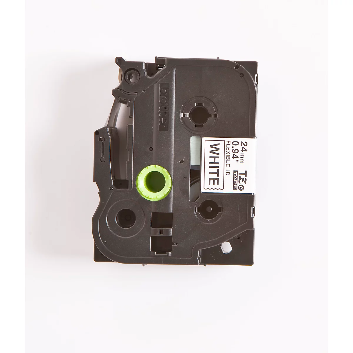 Black label tape on a white background. Printed: WHITE, 24mm, 0.94". A green circle is at the bottom.