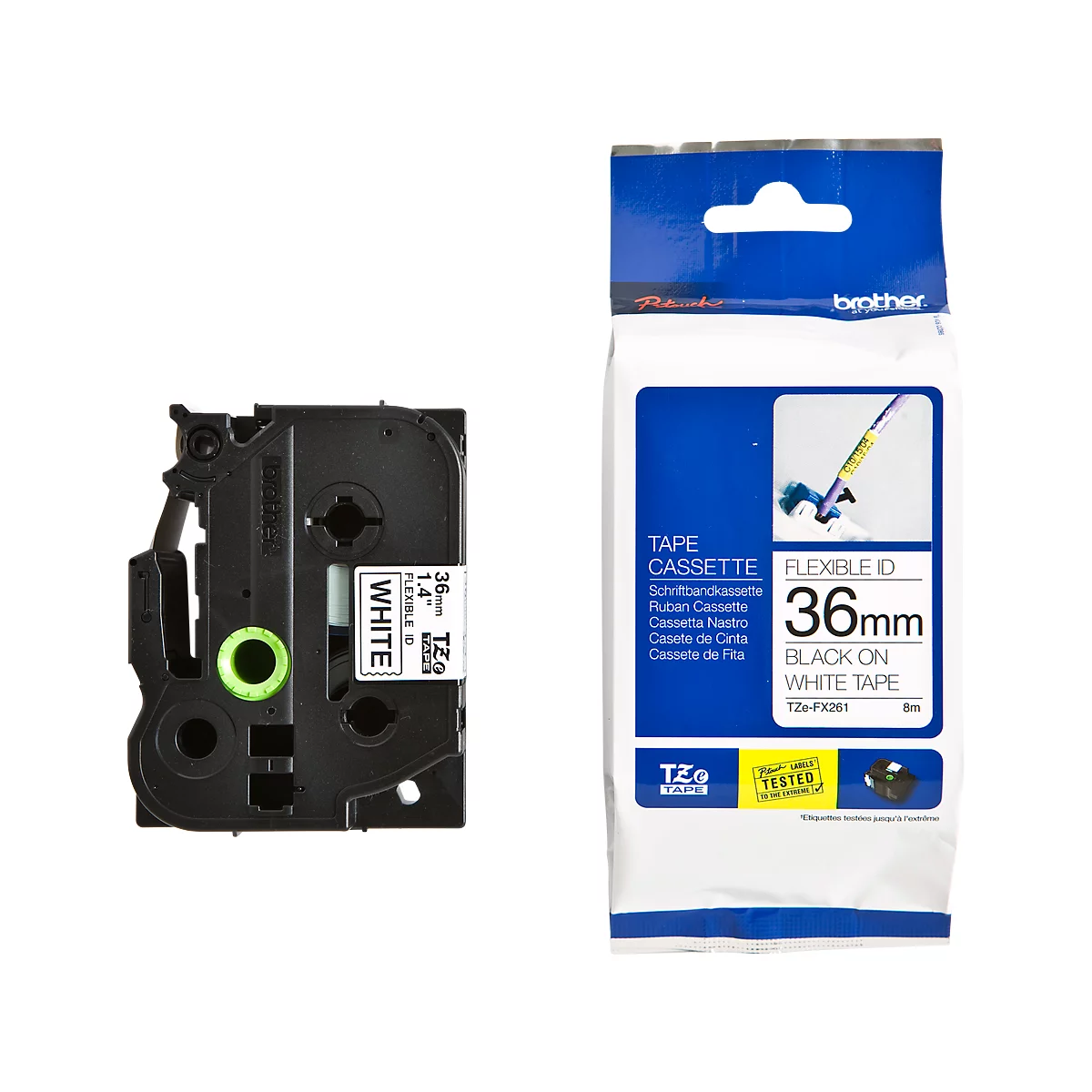 Two label tape cassettes: one black and one white package with product information.