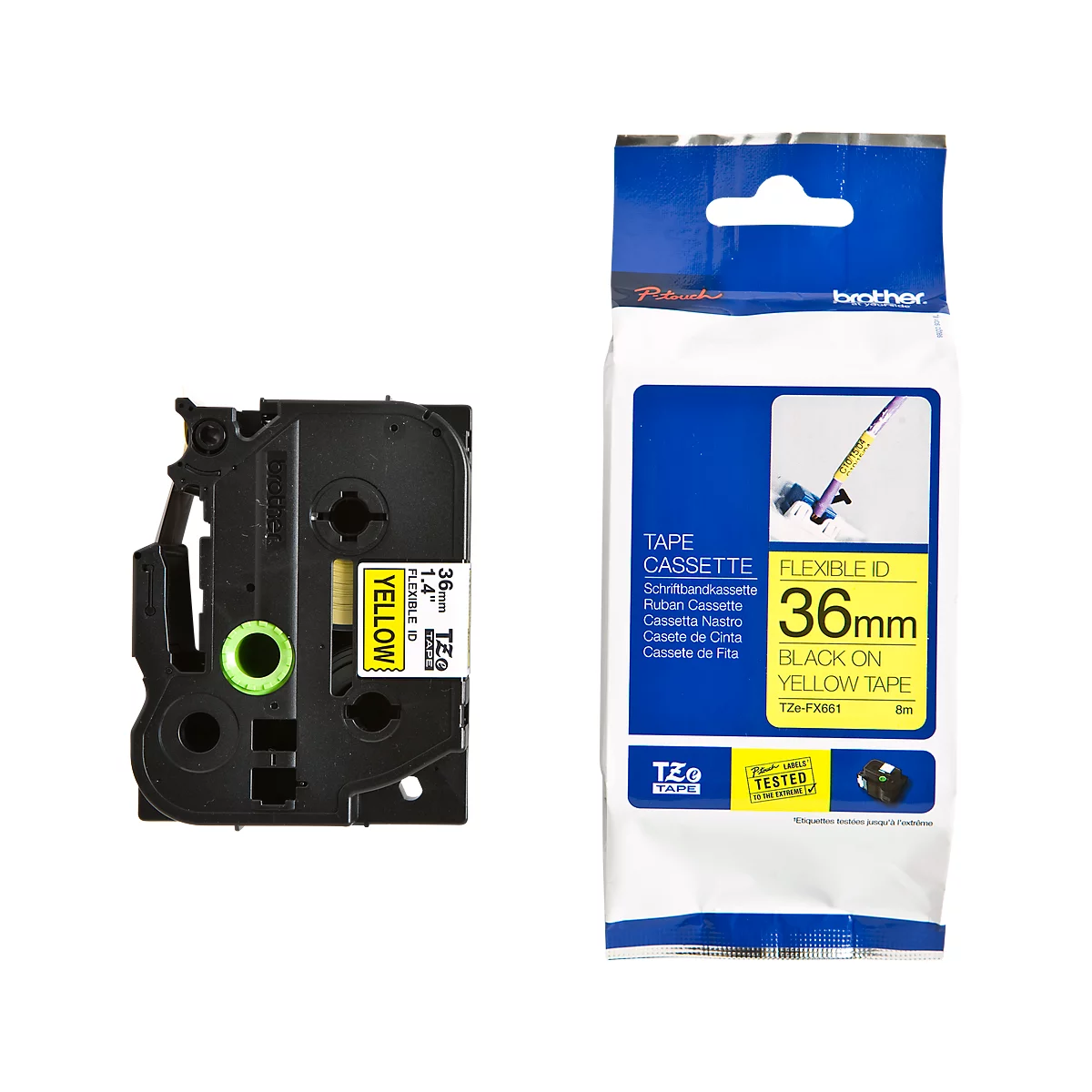 A yellow tape cassette with black text next to a package that promotes the product.