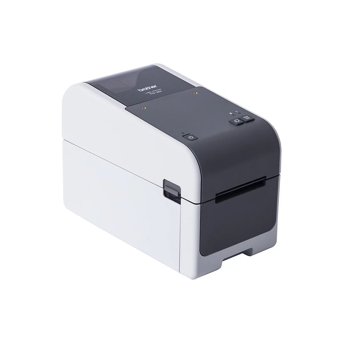 Eine schwarz-weiß Etikettendrucker mit der Aufschrift "brother LABEL PRINTER TD-2D". Die Oberseite ist schwarz, die Seiten weiß.