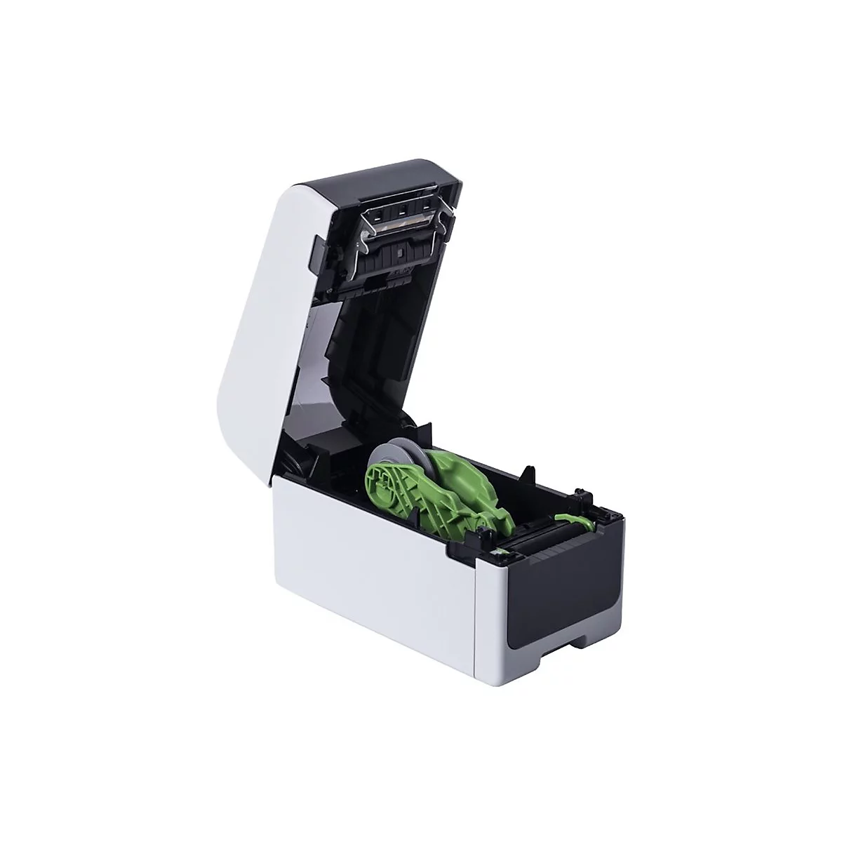 Ein weiß-schwarzer Etikettendrucker mit geöffneter Klappe, in dem sich eine grüne Walze befindet.