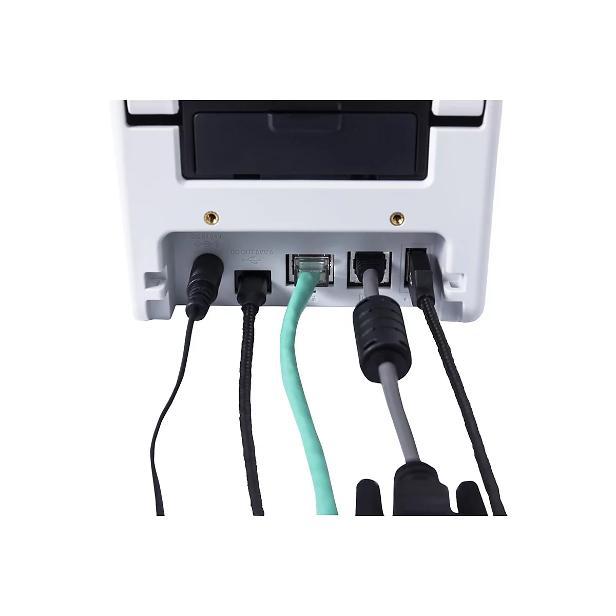 Nahaufnahme von Steckerleisten, verschiedenen Kabeln und Anschlüssen an einem weißen elektronischen Gerät.