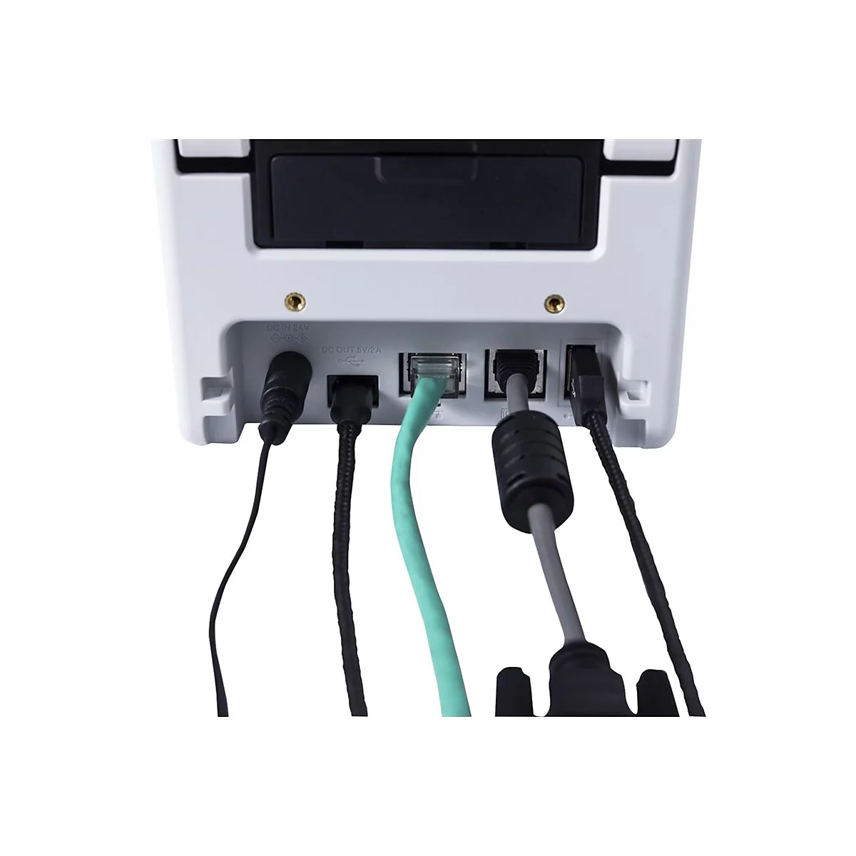 Nahaufnahme der Rückseite eines weißen elektronischen Geräts mit mehreren Anschlüssen und angeschlossenen Kabeln in verschiedenen Farben.