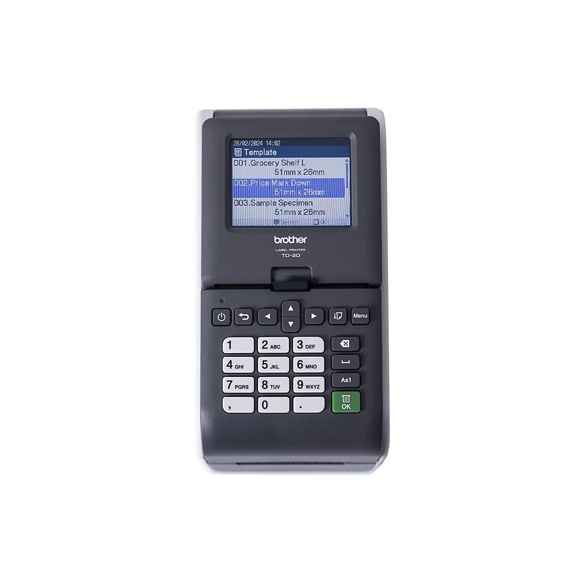 Schwarzer Brother Etikettendrucker mit Display und Tastatur. Auf dem Display werden Optionen angezeigt. Das Gerät steht auf weißem Hintergrund.