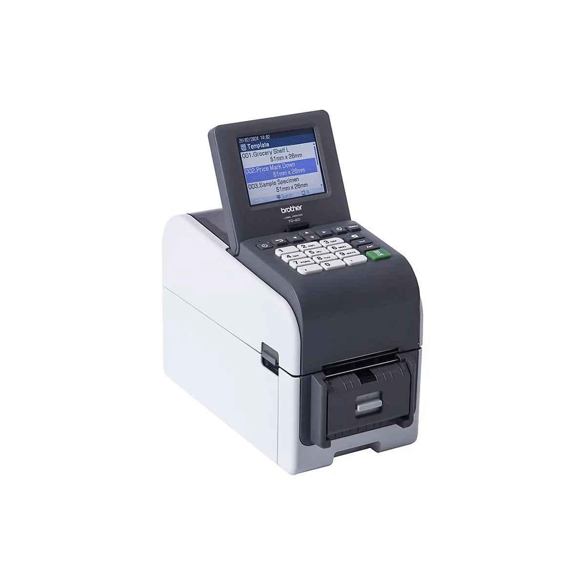 Etikettendrucker mit Display und Tastatur. Auf dem Display Text: Grocery Shelf L, Price Mark Down.