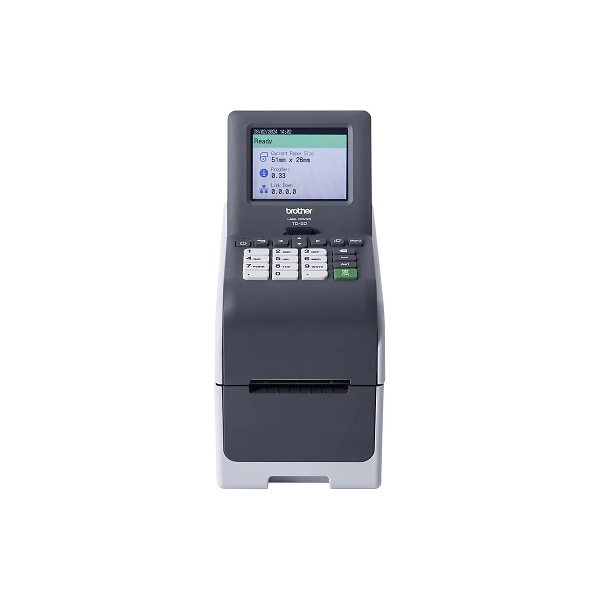 Ein Brother Etikettendrucker. Graues Gehäuse, Display zeigt Text. Tastenfeld darunter mit Ziffern und Funktionen. Label Printer TD-20.