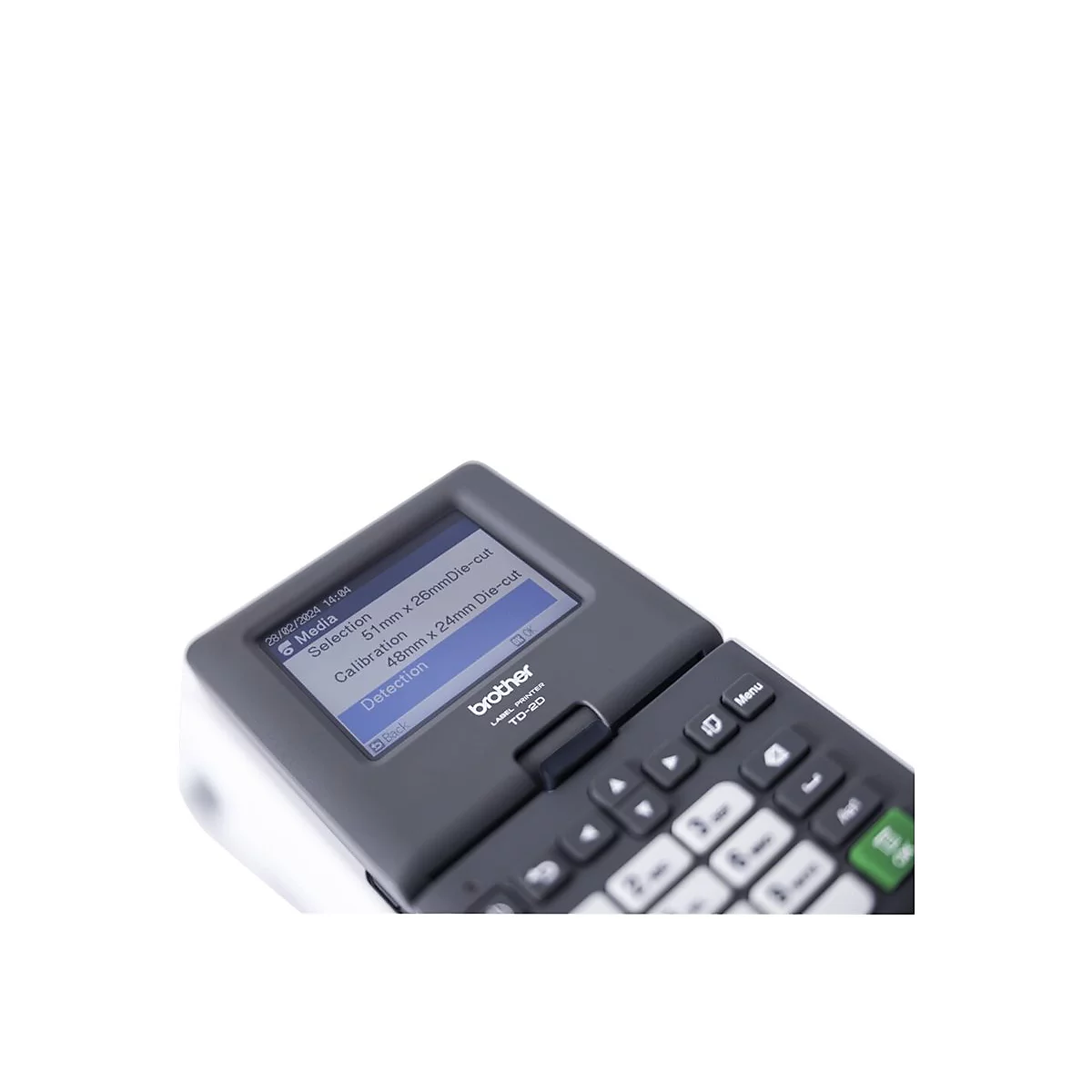 Ein Brother Label Printer TD-2D. Der Bildschirm zeigt Optionen zur Mediengröße und Menütasten.