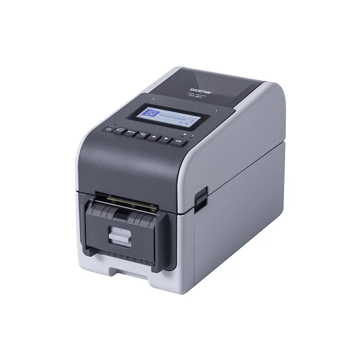 Drucker von Brother, TD-20, mit Bedienfeld und Etikettenausgabe.