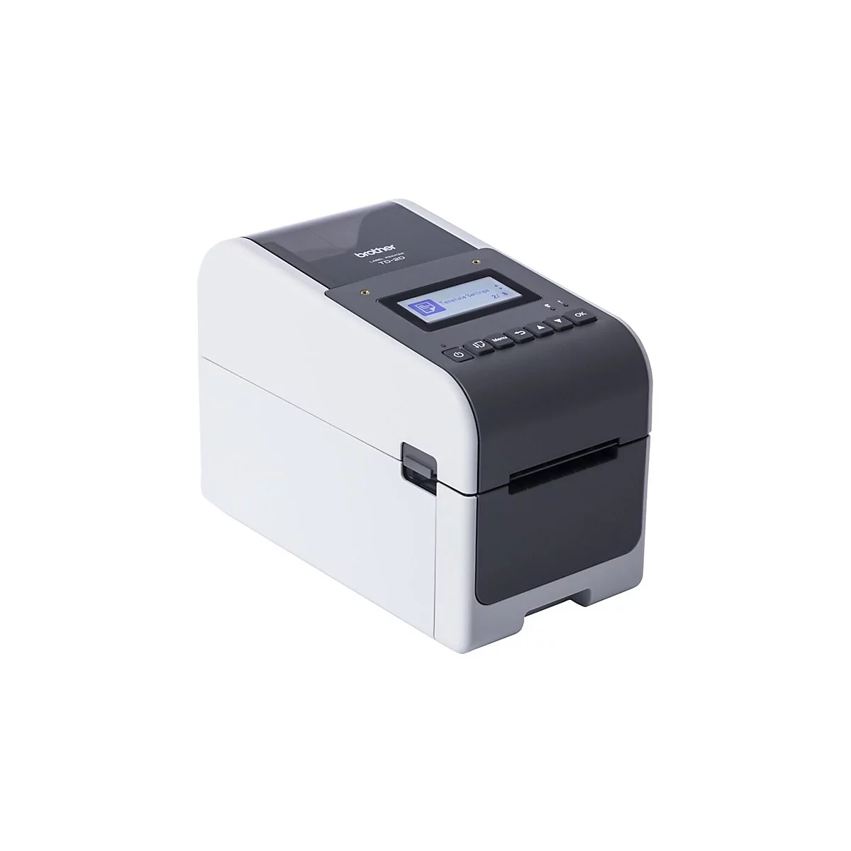 Etikettendrucker Brother TD-2D, weiß-schwarz, Display, Bedienelemente.