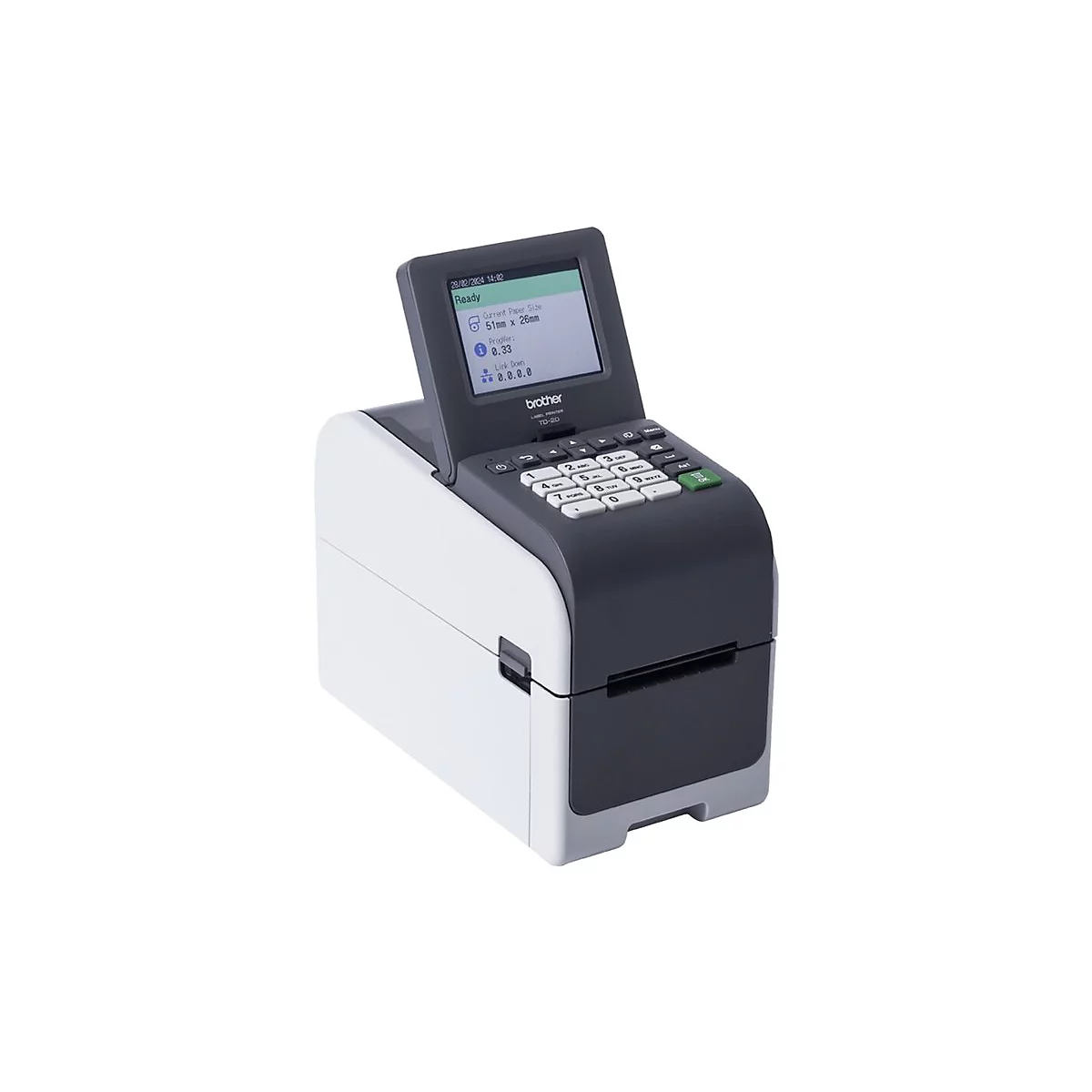 Ein Etikettendrucker mit kleinem Display und Tastenfeld. Auf dem Display werden Informationen wie Papierformat und Status angezeigt.