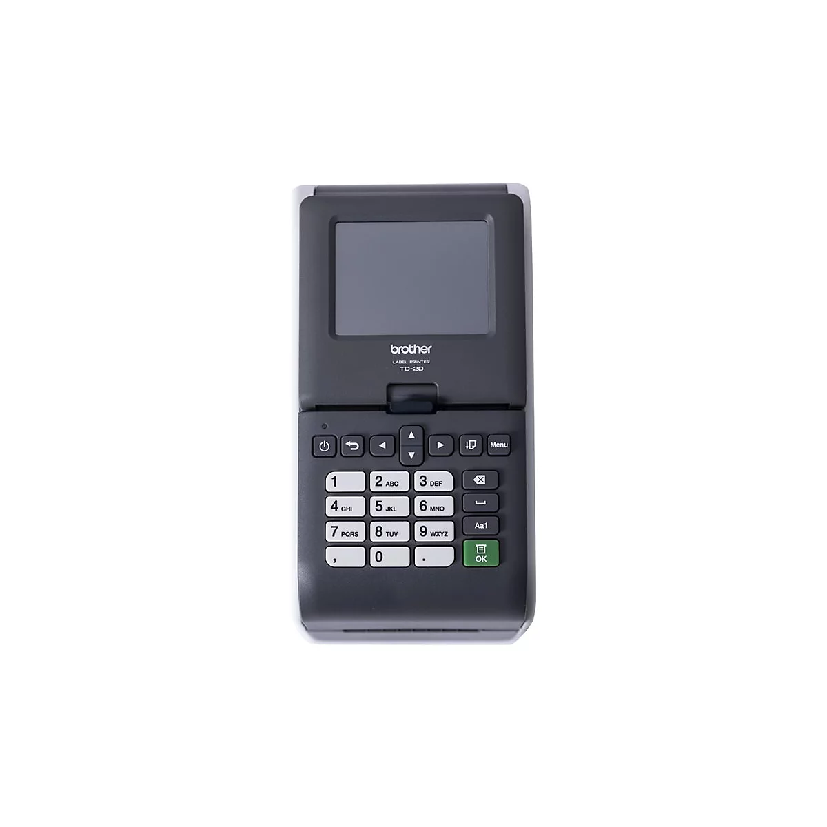 Dunkelgrauer Etikettendrucker auf weißem Grund. Der Drucker hat ein Display, Tastatur und das Brother-Logo. Auf der Tastatur ist ein OK-Button.