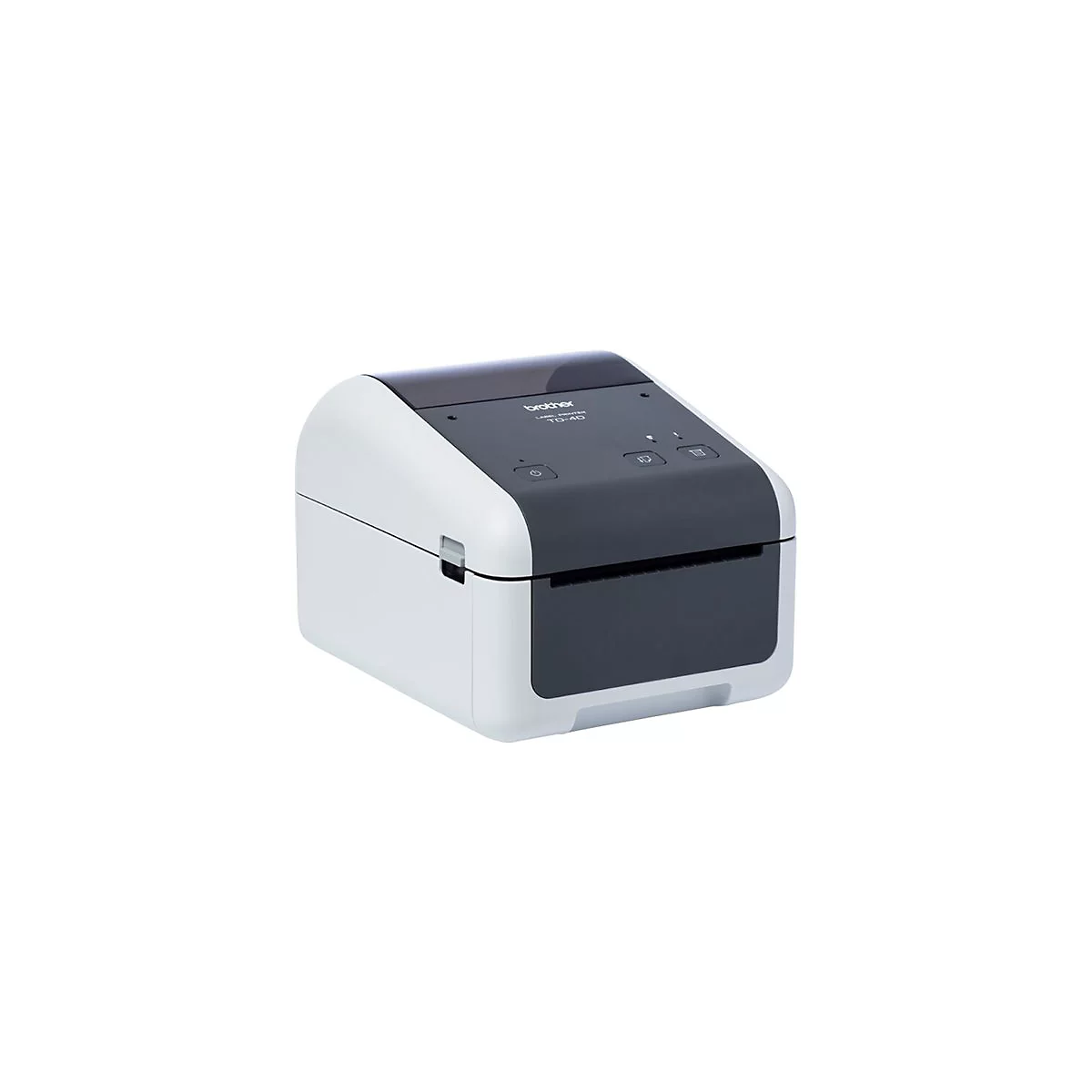 Etikettendrucker von Brother, weiß-grau, mit schwarzen Bedienelementen. Schriftzug 'Brother Label Printer TD-4D'.