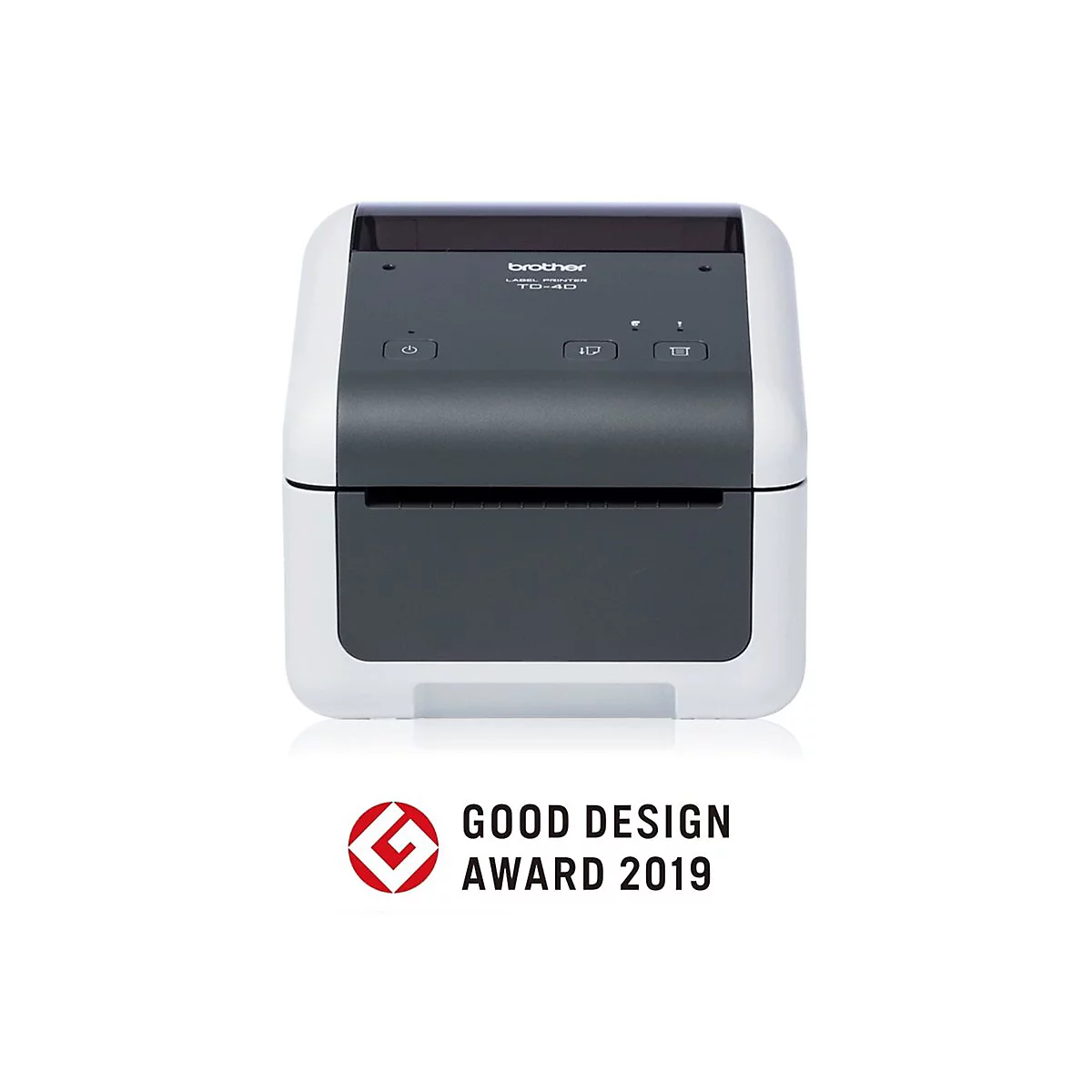 Etikettendrucker Brother TD-4D vor weißem Hintergrund. Auszeichnung "Good Design Award 2019".