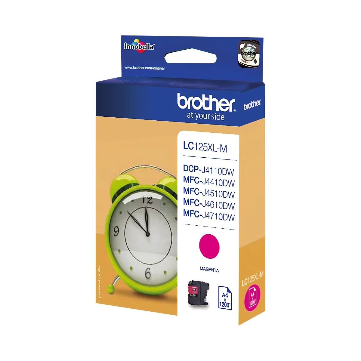 Eine Tintenpatrone von Brother mit magenta Tinte. Auf der Verpackung steht "LC125XL-M" und eine Liste kompatibler Drucker.
