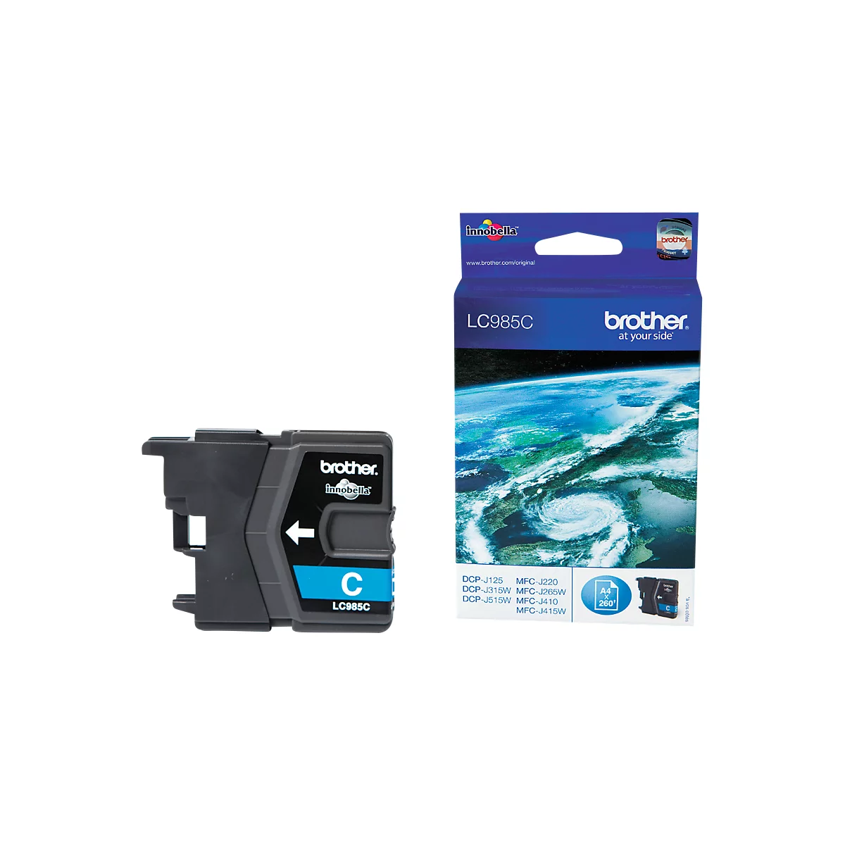 Eine blaue Brother Druckerpatrone und eine Kartonverpackung mit Schriftzug 'LC985C'.