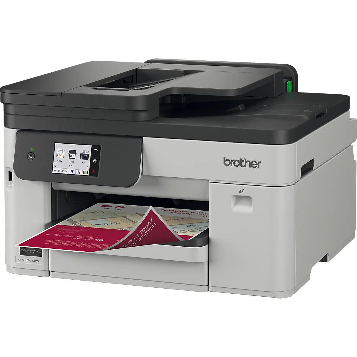 Kompakter Brother Multifunktionsdrucker in Grau und Schwarz mit bedrucktem Blatt Papier im Ausgabefach.