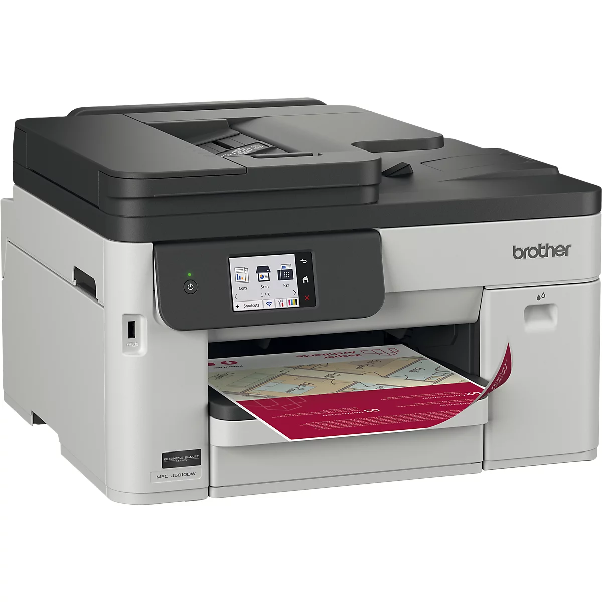 Grau-schwarzer Brother Multifunktionsdrucker mit Touchscreen und bedrucktem Blatt Papier.