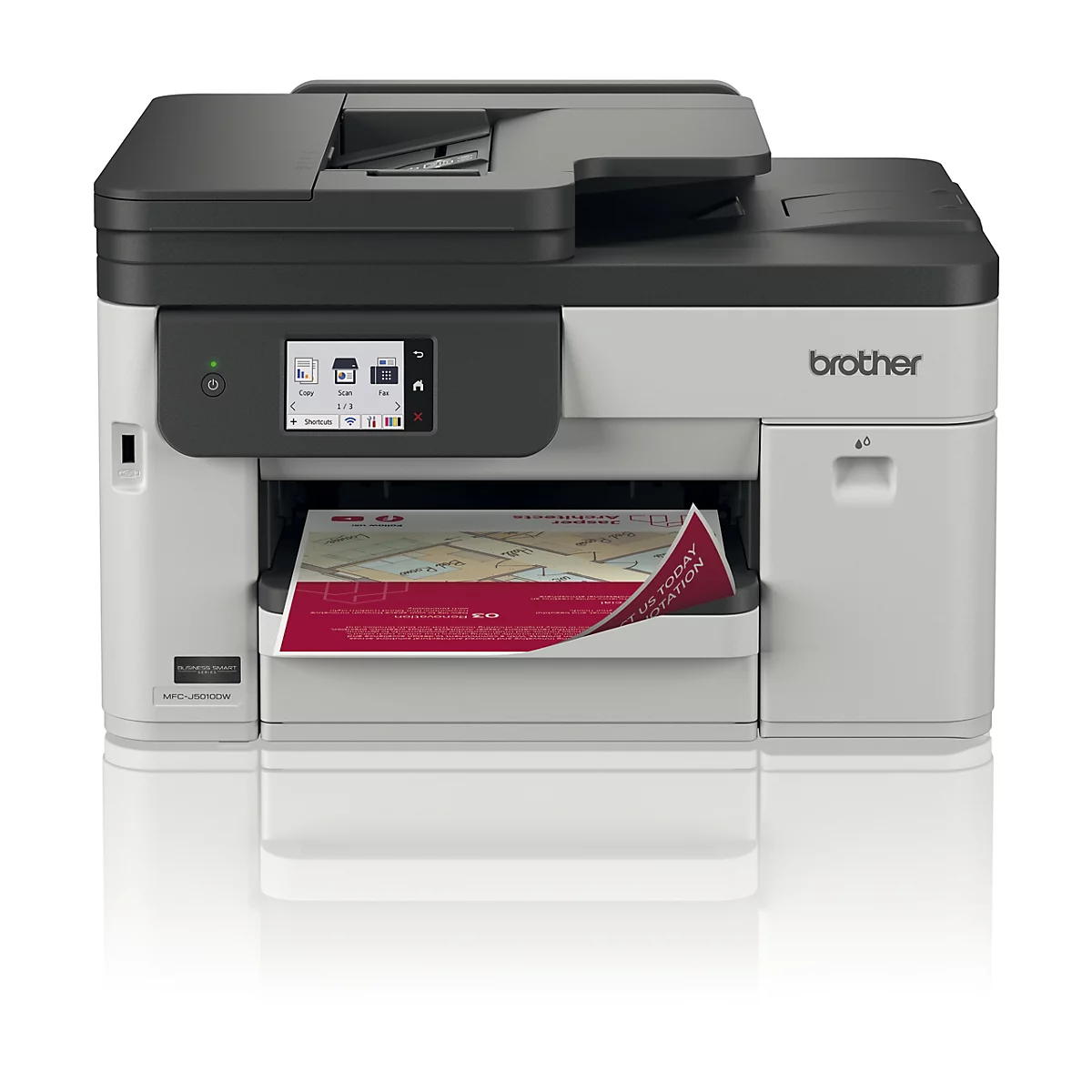Kompakter Brother Multifunktionsdrucker in Grau und Schwarz mit Touchscreen und bedrucktem Blatt im Ausgabefach.