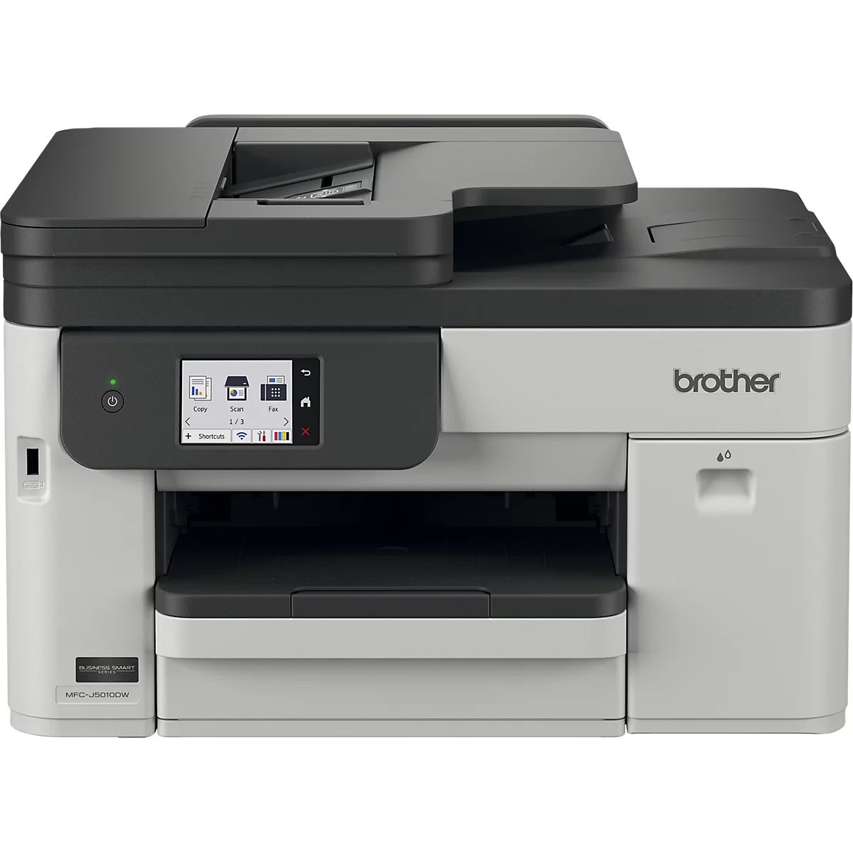 Ein grauer und schwarzer Brother Multifunktionsdrucker vor neutralem Hintergrund.