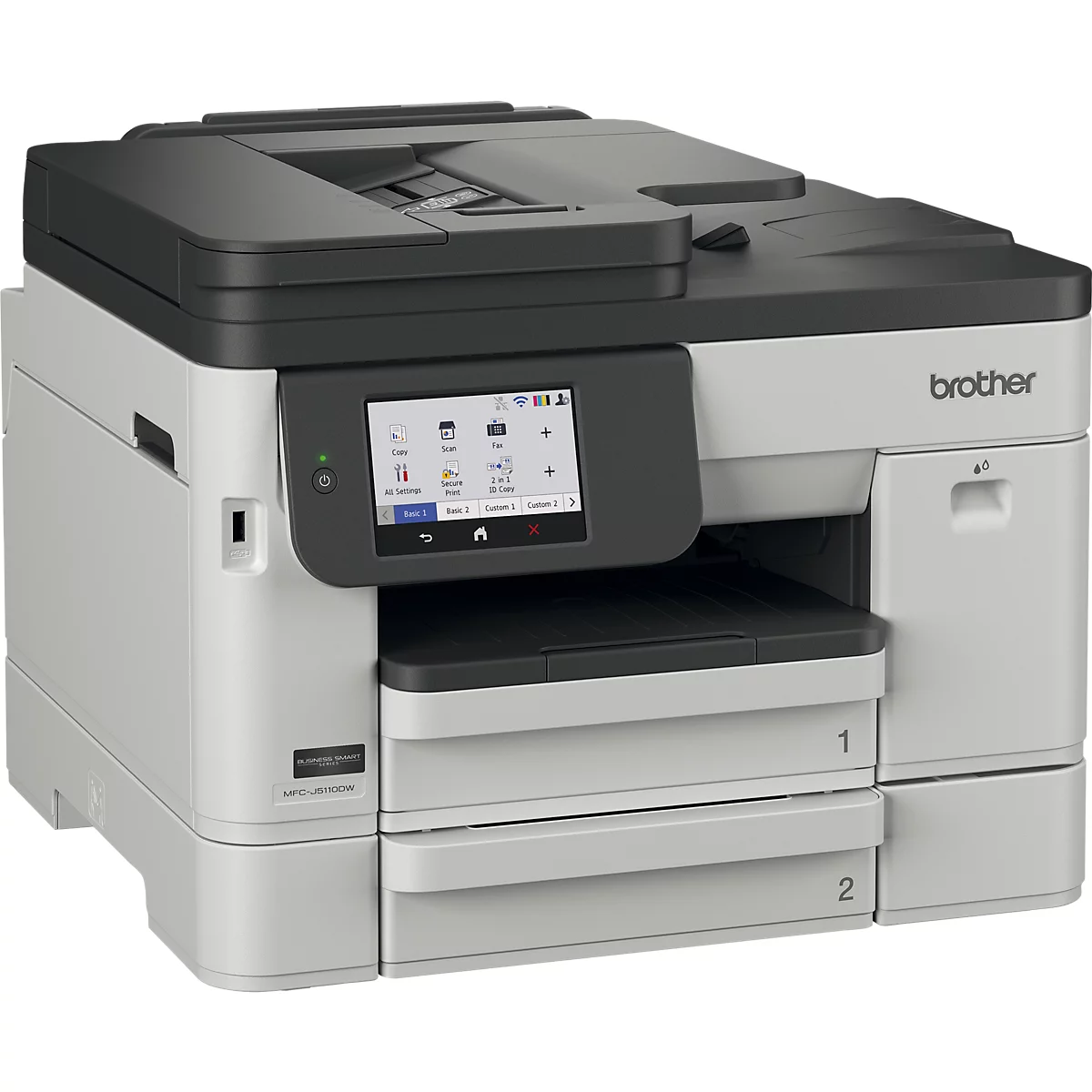 Grau-schwarzer Brother Multifunktionsdrucker mit zwei Papierfächern und Touchscreen.