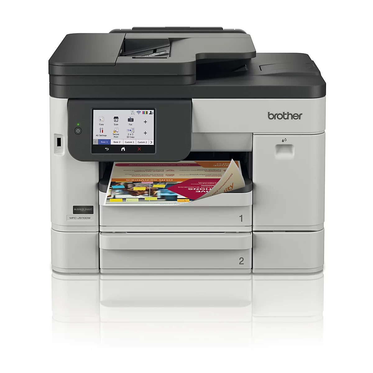 Grauer Brother Multifunktionsdrucker mit Touchscreen und bedrucktem Blatt Papier.