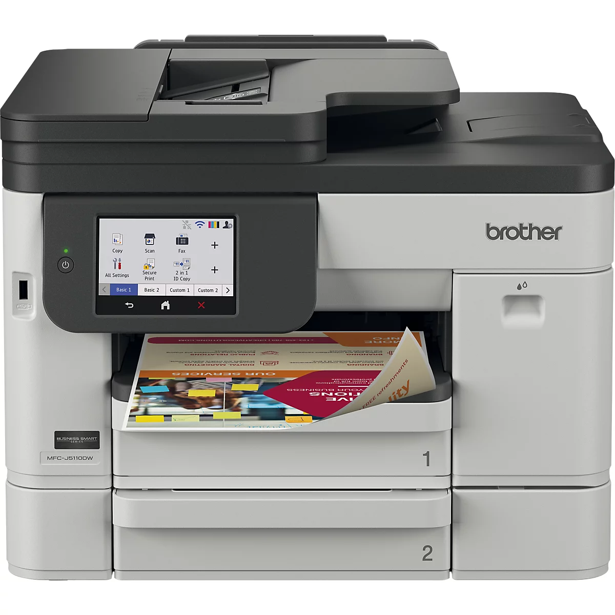 Brother Multifunktionsdrucker in Weiß und Schwarz mit Touchscreen-Display und zwei Papierkassetten.