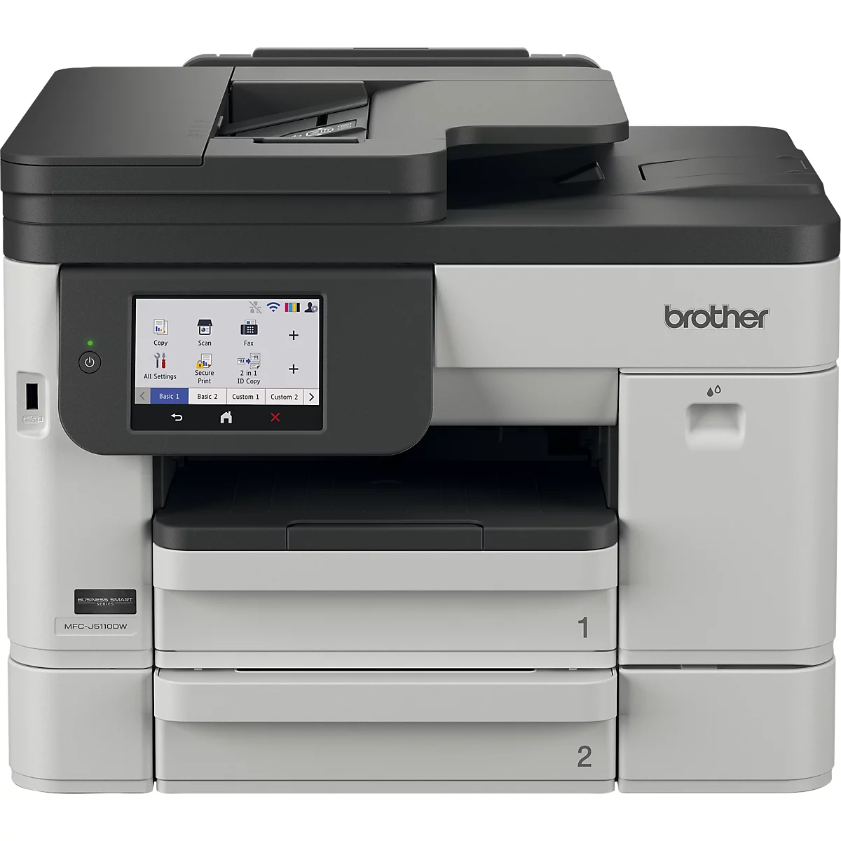 Grau-schwarzer Brother Multifunktionsdrucker mit Touchscreen-Display und zwei Papierkassetten vor weißem Hintergrund.