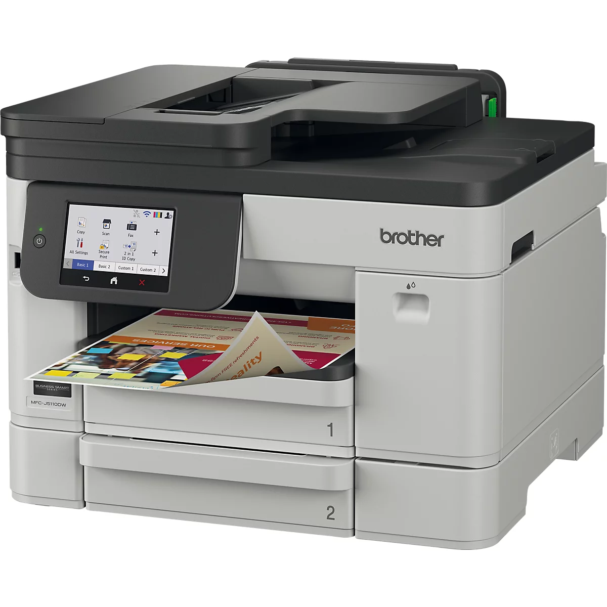 Brother Multifunktionsdrucker in grau-schwarz mit Touchscreen und bedrucktem Papier im Ausgabefach.