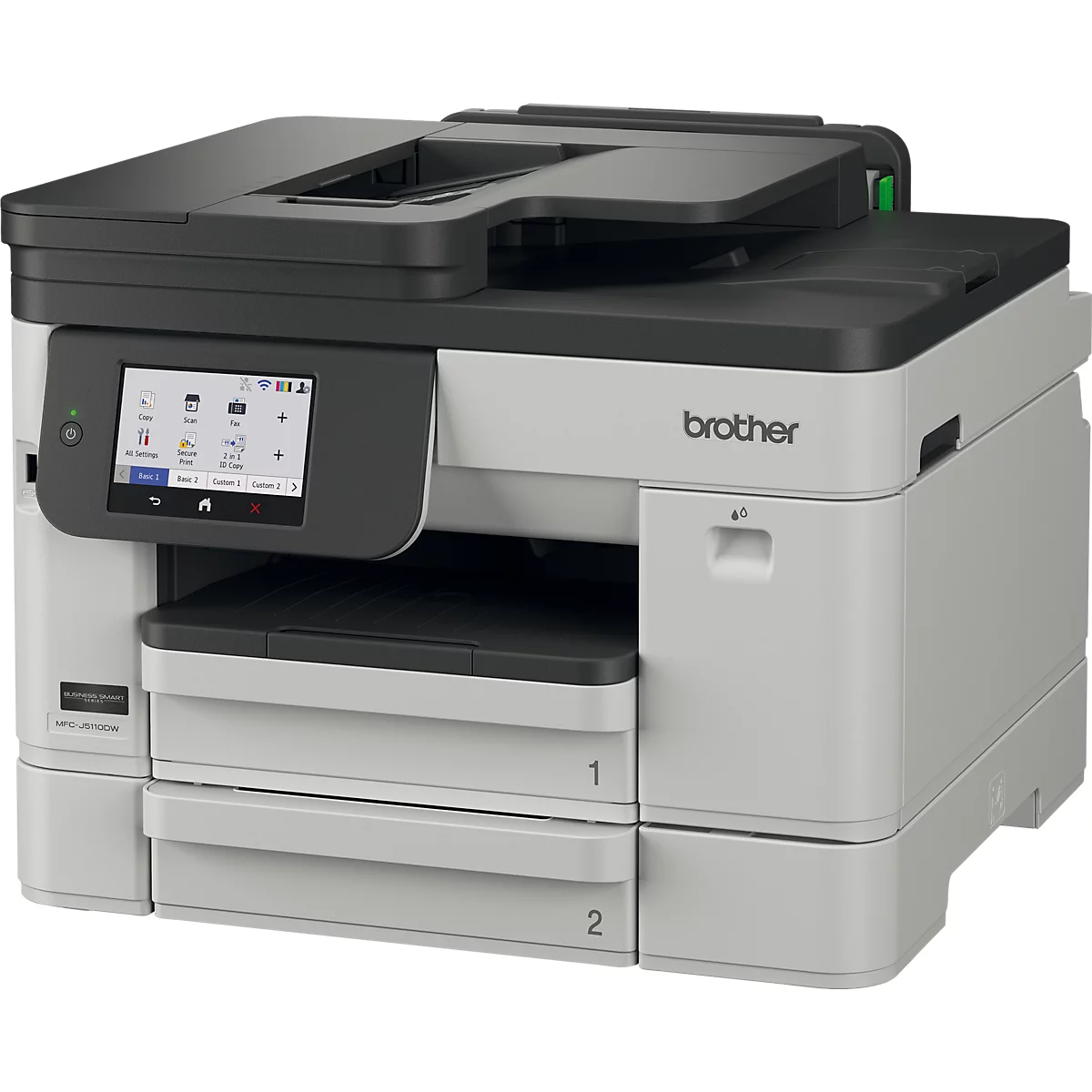 Grauer Brother Multifunktionsdrucker mit zwei Papierfächern und Touchscreen-Display.