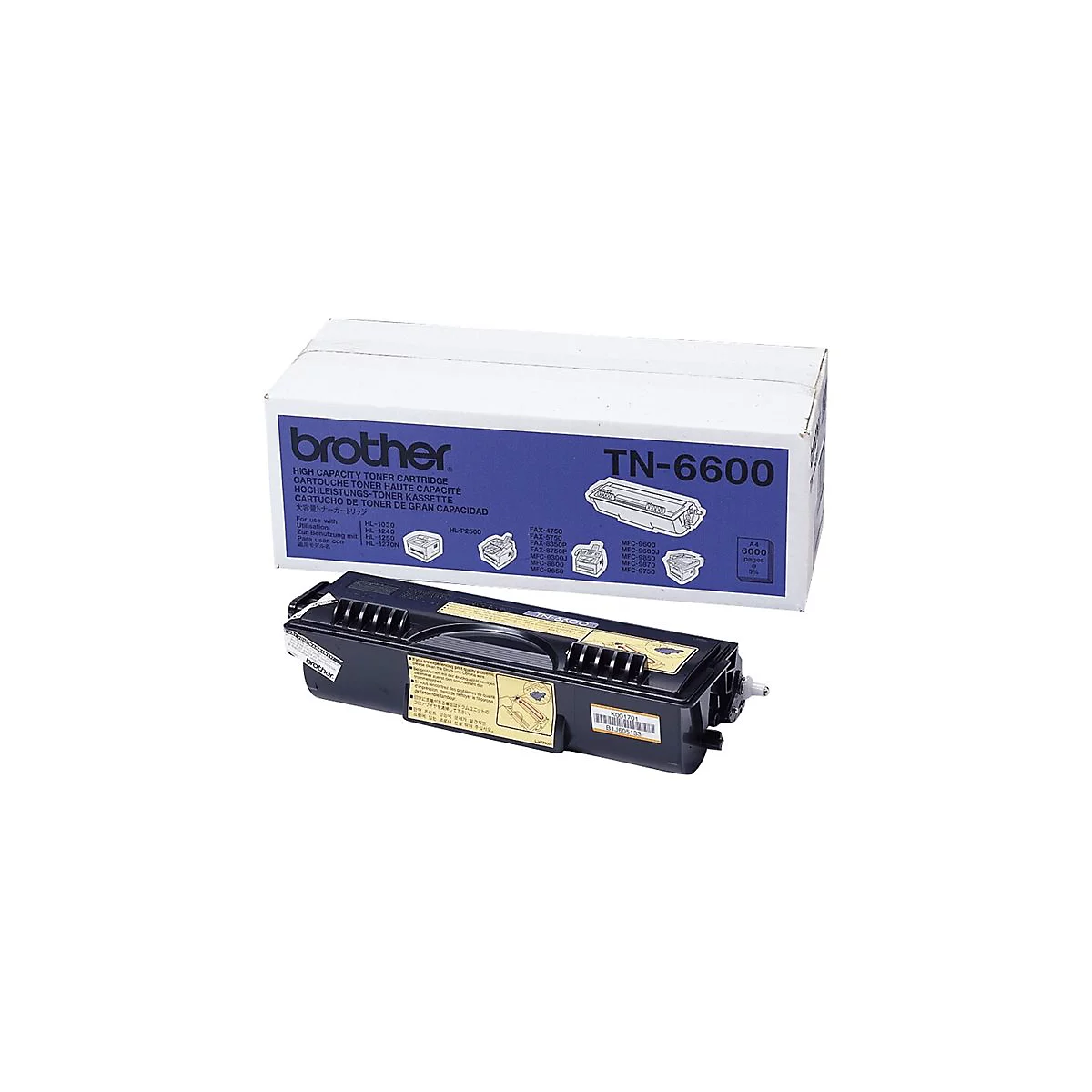 Une cartouche de toner Brother TN-6600 noire se trouve devant sa boîte. Des informations sur le produit sont imprimées sur la boîte.