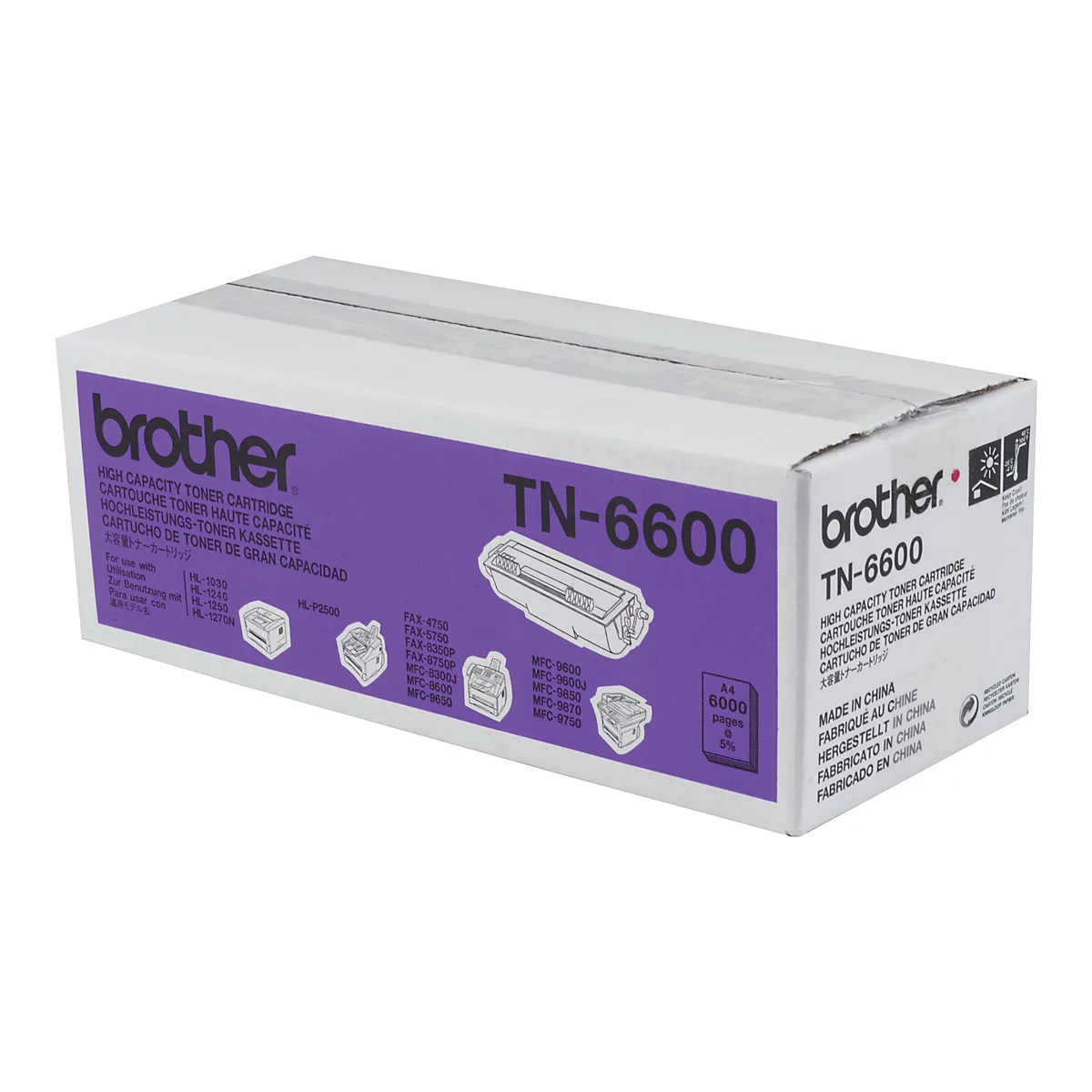 Eine Kartonverpackung für einen Brother TN-6600 Toner. Der Karton ist weiß mit lila Akzenten, darauf Logos und Produktinformationen.