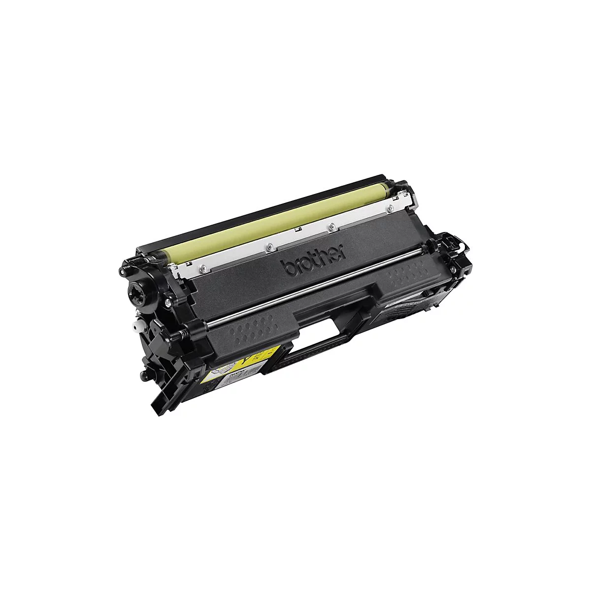 Cartouche de toner Brother noire avec rouleau jaune, sur fond blanc.
