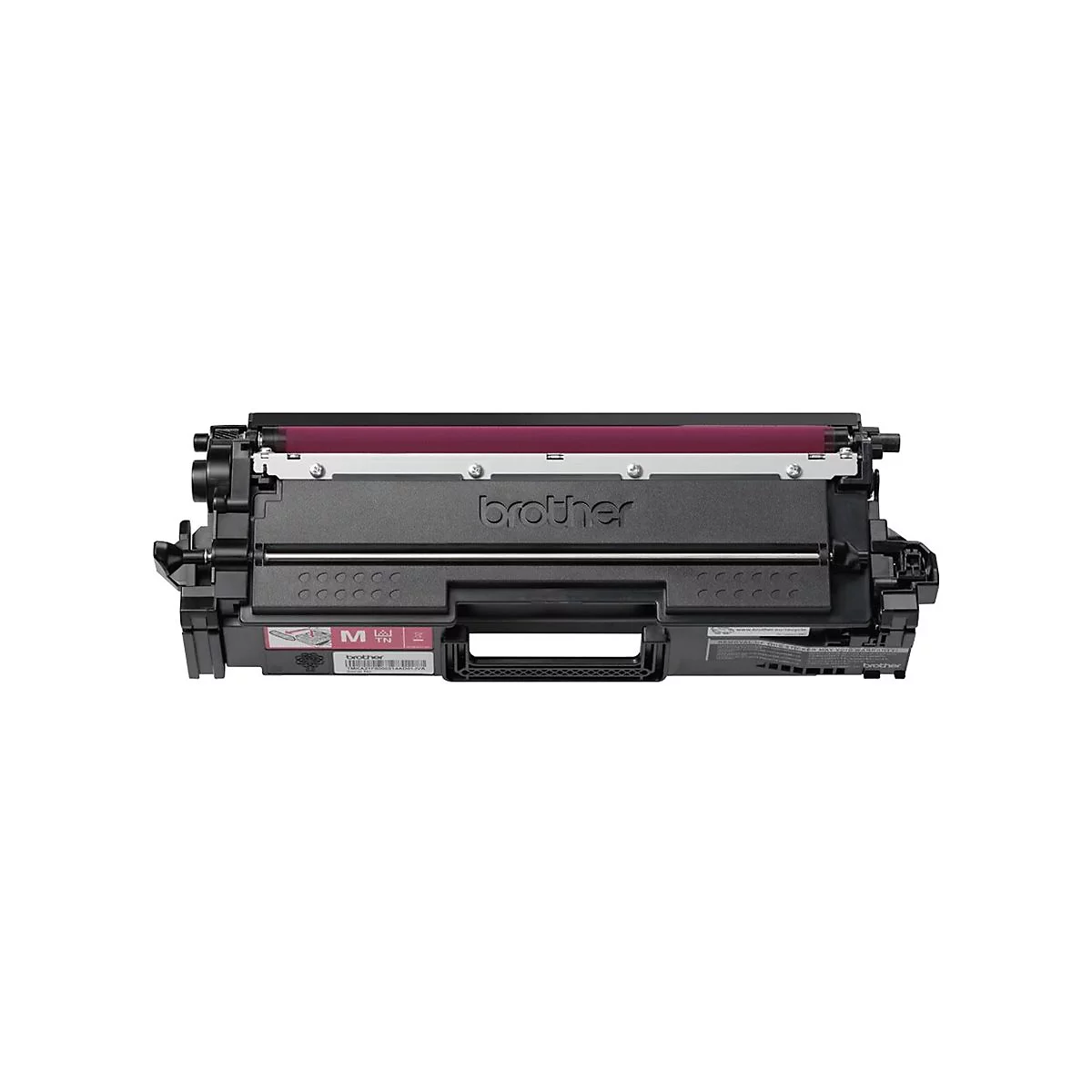 Schwarze Brother-Tonerkartusche. Das Brother-Logo ist deutlich sichtbar. Der Toner hat einen violetten Walzenteil.