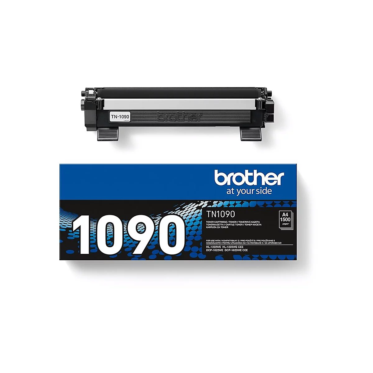 Schwarze Brother TN-1090 Tonerkartusche und zugehörige blaue Produktverpackung vor weißem Hintergrund.