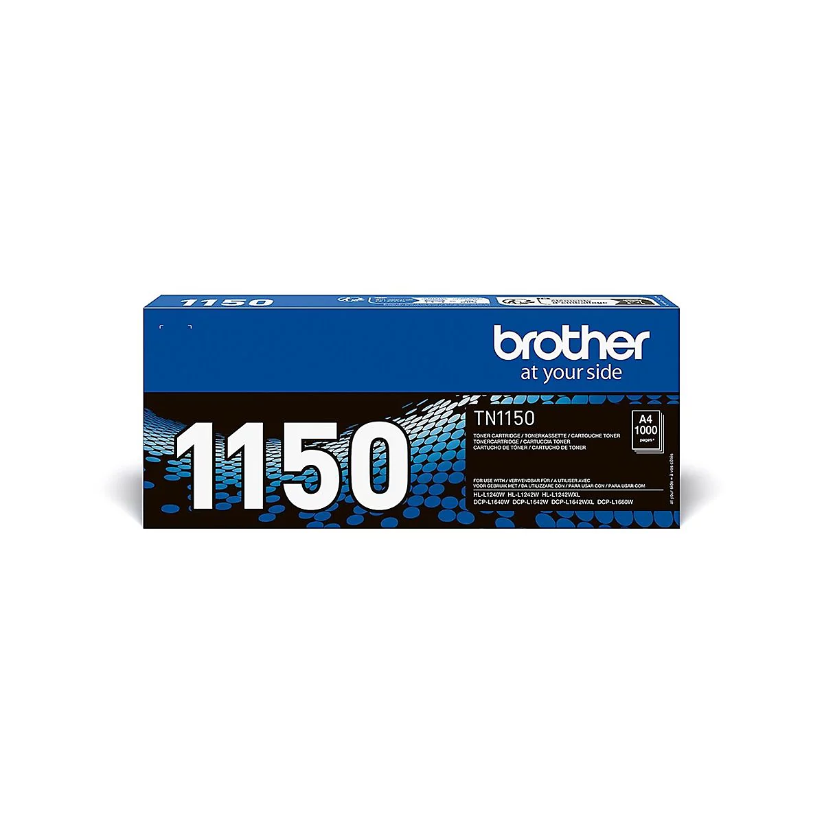 Blau-weiße Toner-Kartusche, mit der Aufschrift "1150" und dem "Brother"-Logo.