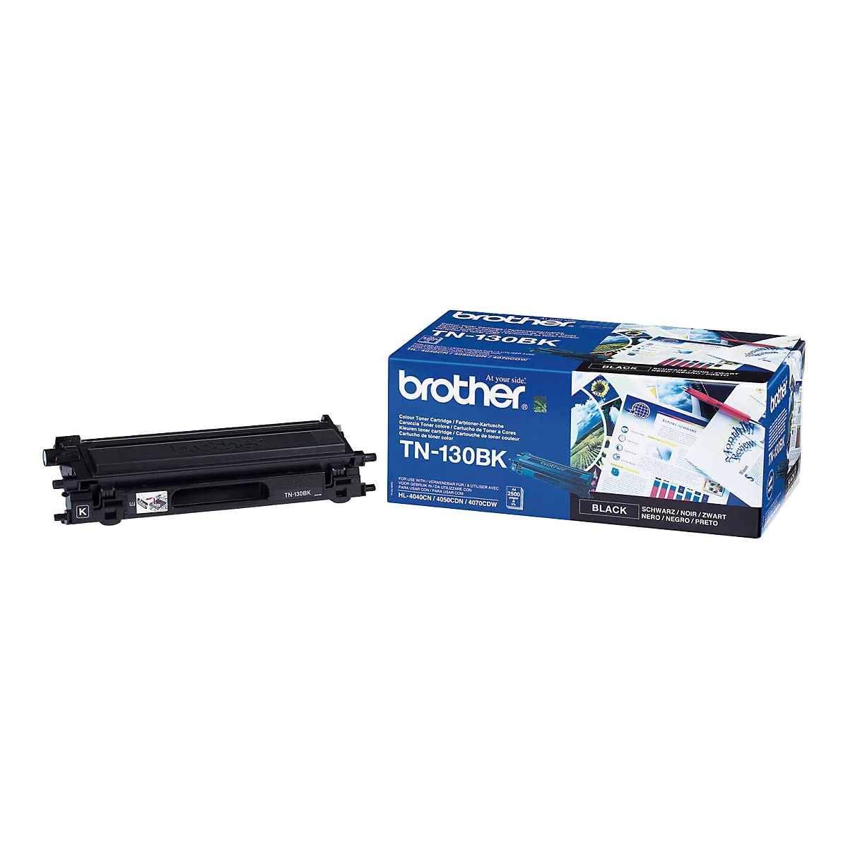 Ein schwarzer Brother TN-130BK Toner und seine Verpackung, vor weißem Hintergrund. Beide sind deutlich beschriftet.