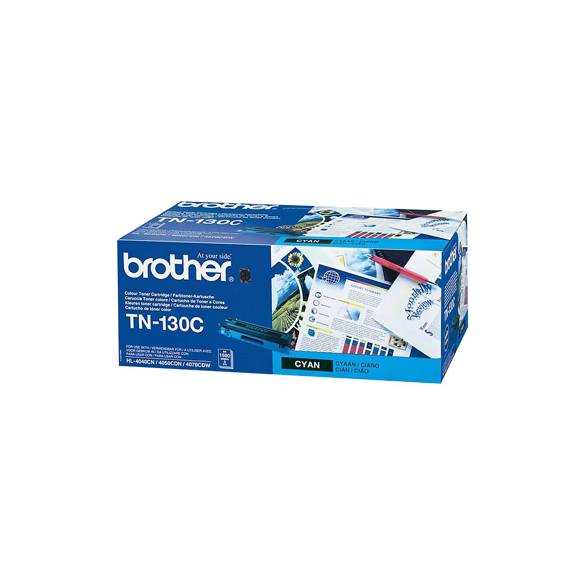 Blauer Toner-Kartuschen-Karton von Brother; die Kartusche ist vom Typ TN-130C; auf dem Karton steht CYAN.