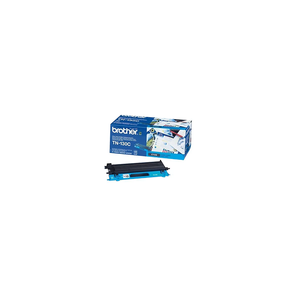 Ein Cyan-Toner-Kartusche neben der Verpackung. Auf der Verpackung steht "Brother TN-130C".