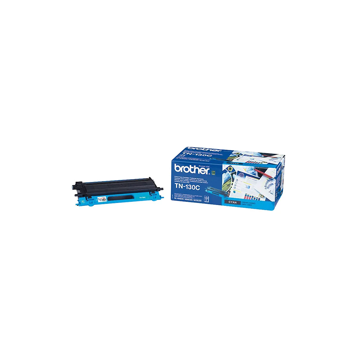 Blau-schwarze Tonerkartusche und Box, Marke Brother, Modell TN-130C.