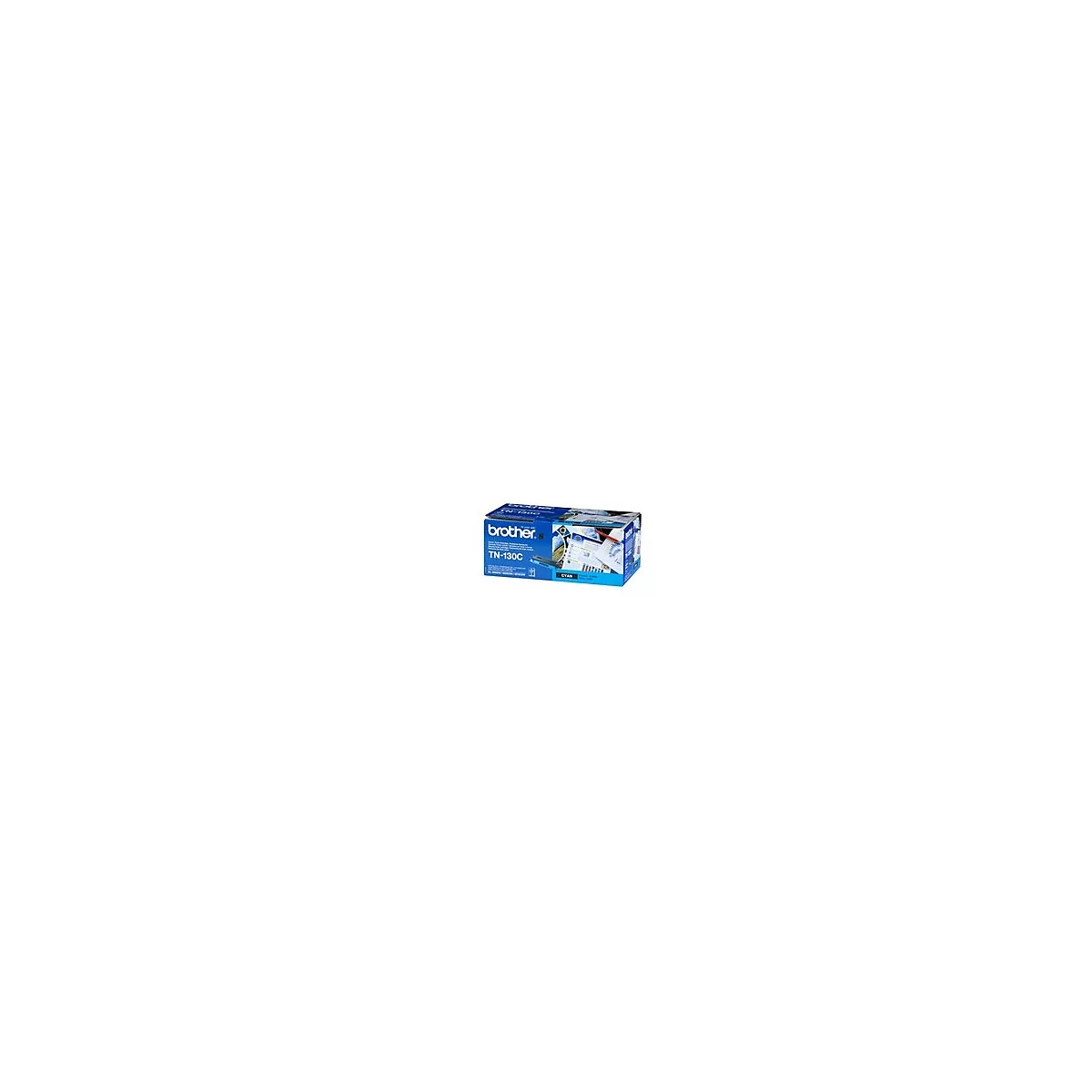 Eine blaue Brother TN-130C-Druckerpatronenbox, Cyan beschriftet. Aufdrucke auf der Box.