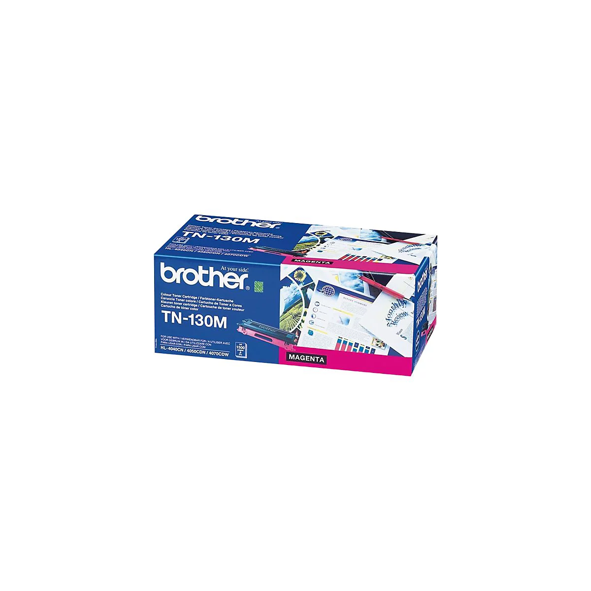 Magentafarbene Brother-Tonerkartusche, verpackt. Die Verpackung zeigt das Brother-Logo, Produktbezeichnungen und Illustrationen.