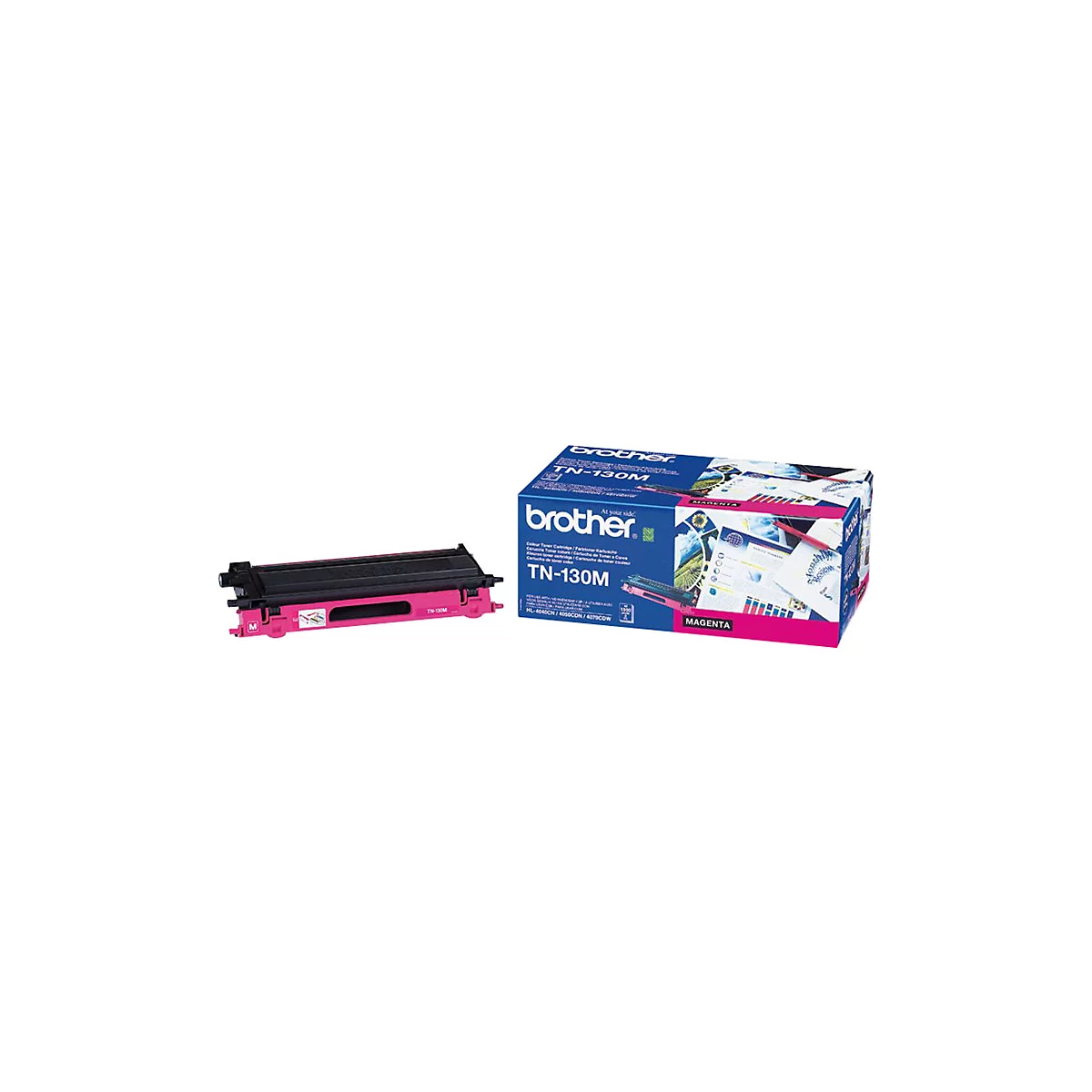 Magentafarbene Brother TN-130M Tonerkartusche und Verpackung.