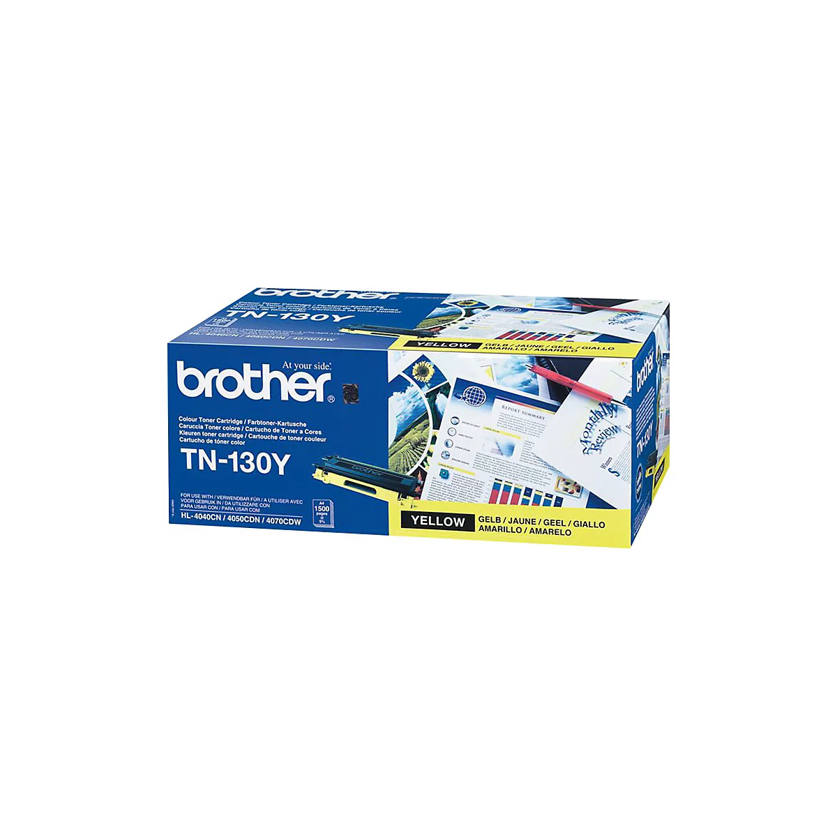 Gelbe Brother TN-130Y Toner-Kartusche in ihrer Verpackung, mit Text wie 'Brother' und technischen Angaben.