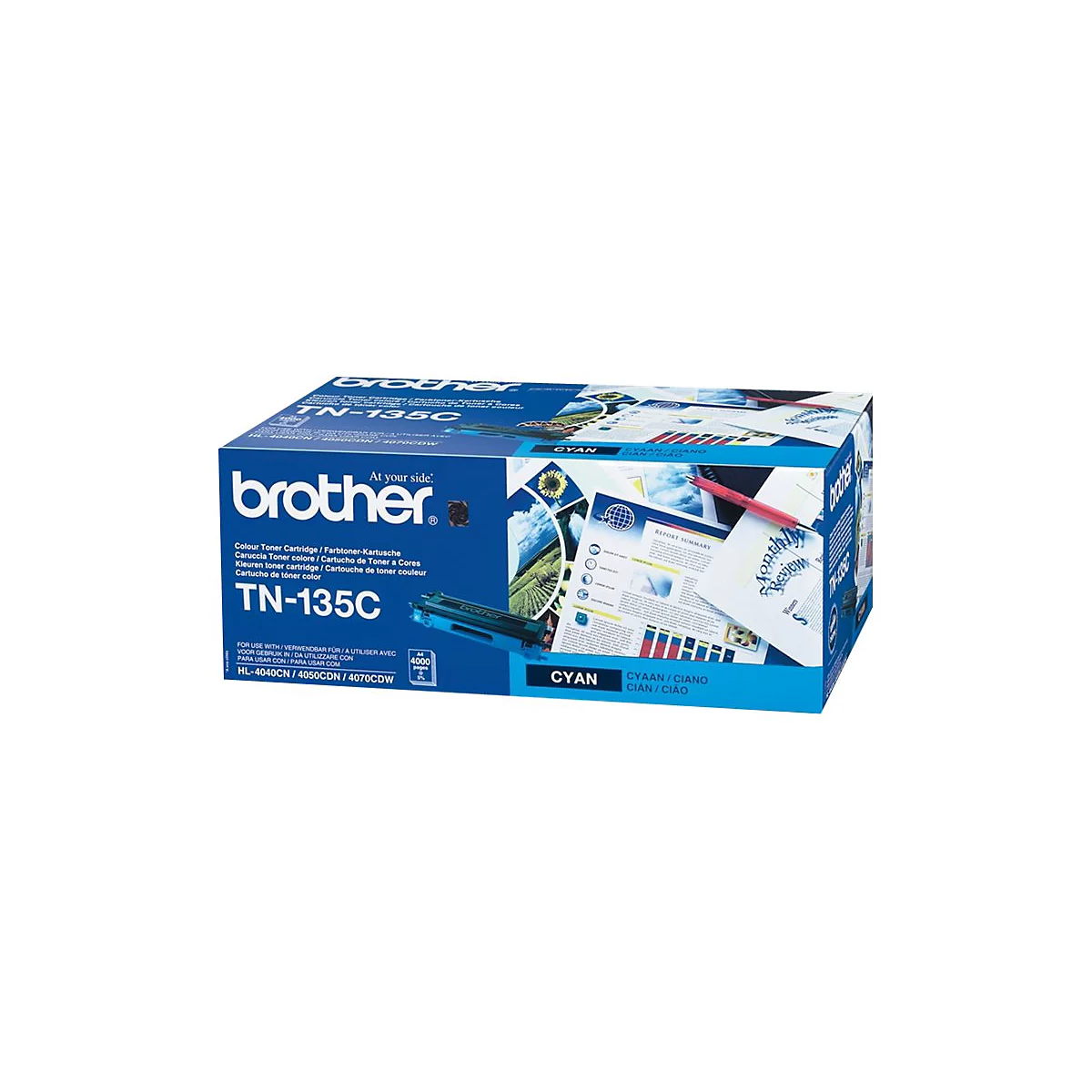 Blau-weiße Brother-Druckerpatronenverpackung mit der Aufschrift TN-135C. Aufgedruckt sind Blätter, Dokumente und ein roter Stift.