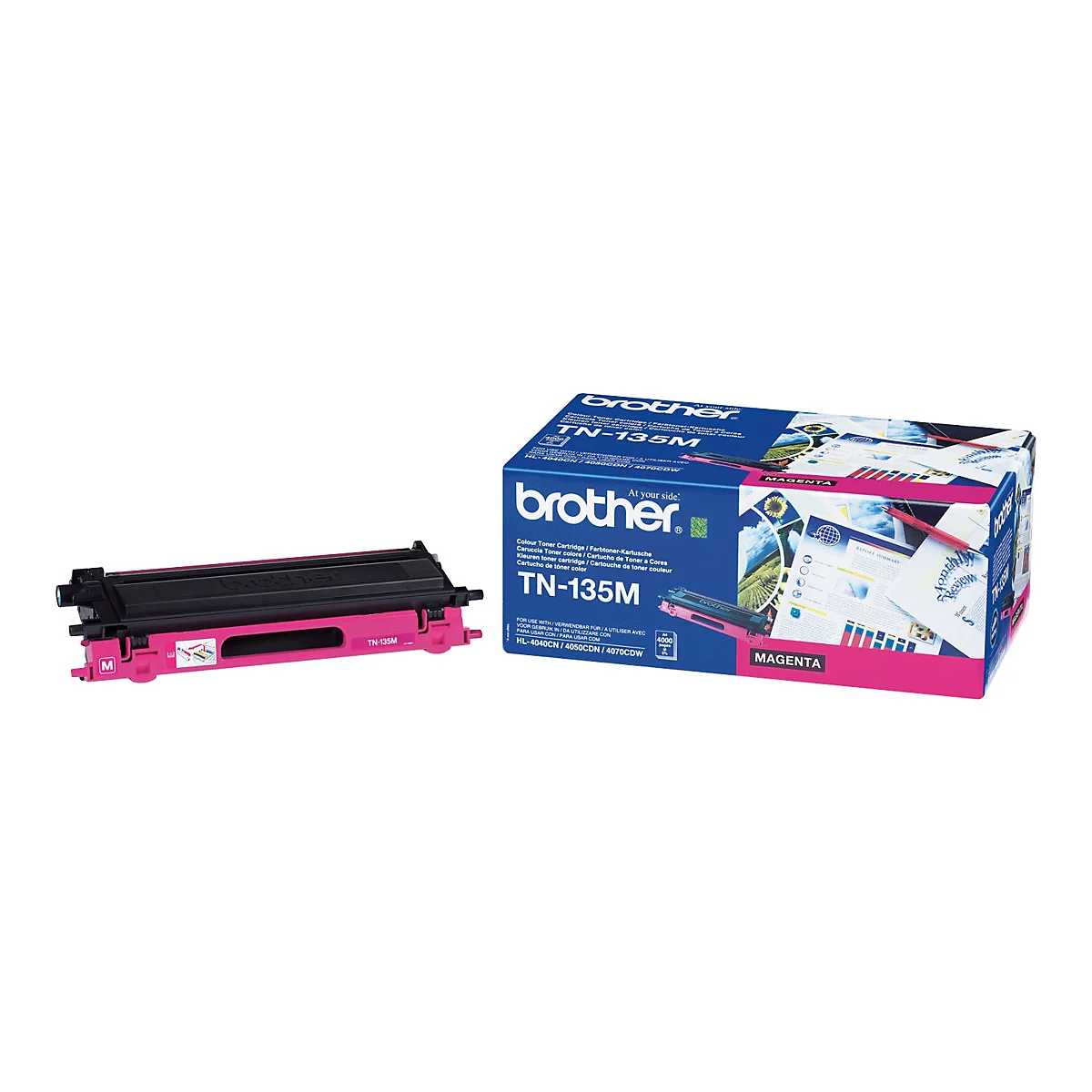 Eine magenta Brother Toner-Kartusche und ihre Verpackung auf weißem Hintergrund.