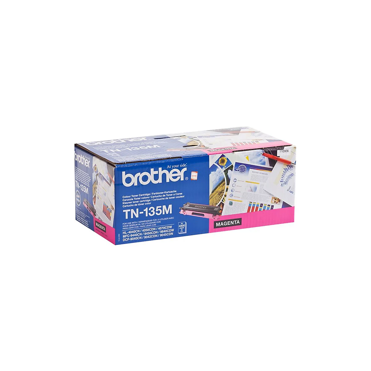 Magentafarbene Brother-Tonerkartusche in einer bedruckten Verpackung. Aufdrucke wie Modellnummer, Produktname und Hinweise sind zu sehen.