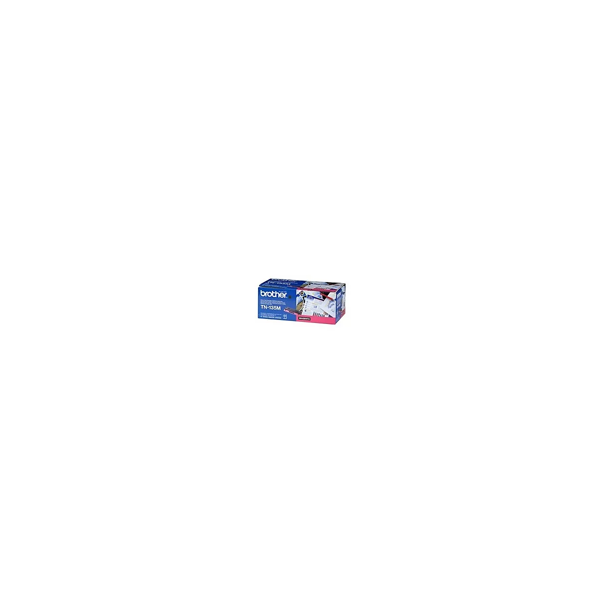 Eine blaue und pinkfarbene Brother-Tonerbox. Auf der Box steht "TN-135M" und "Magenta".